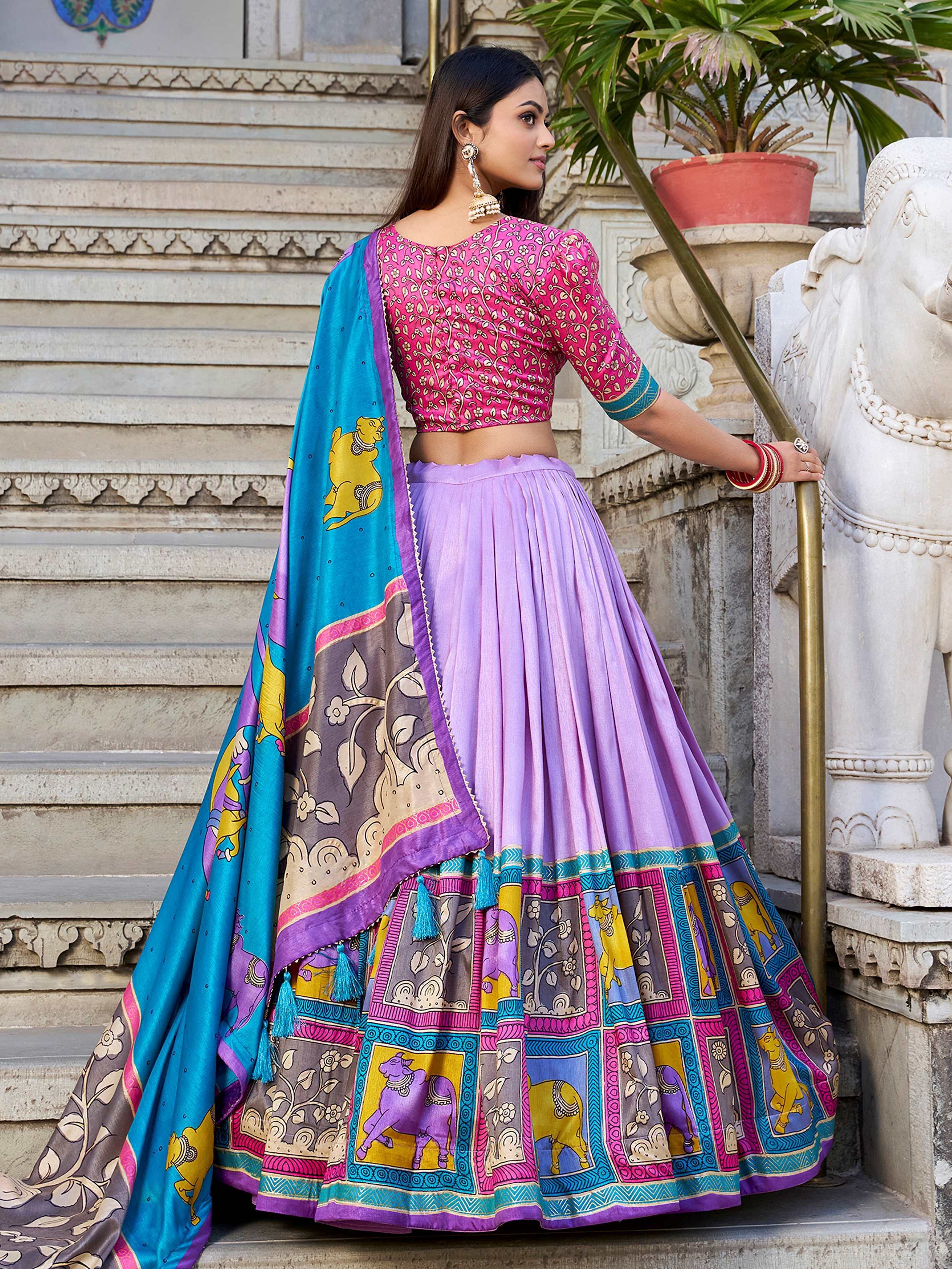 Lavender Stunning Kalamkari Printed Silk Festival Wear Lehenga Choli