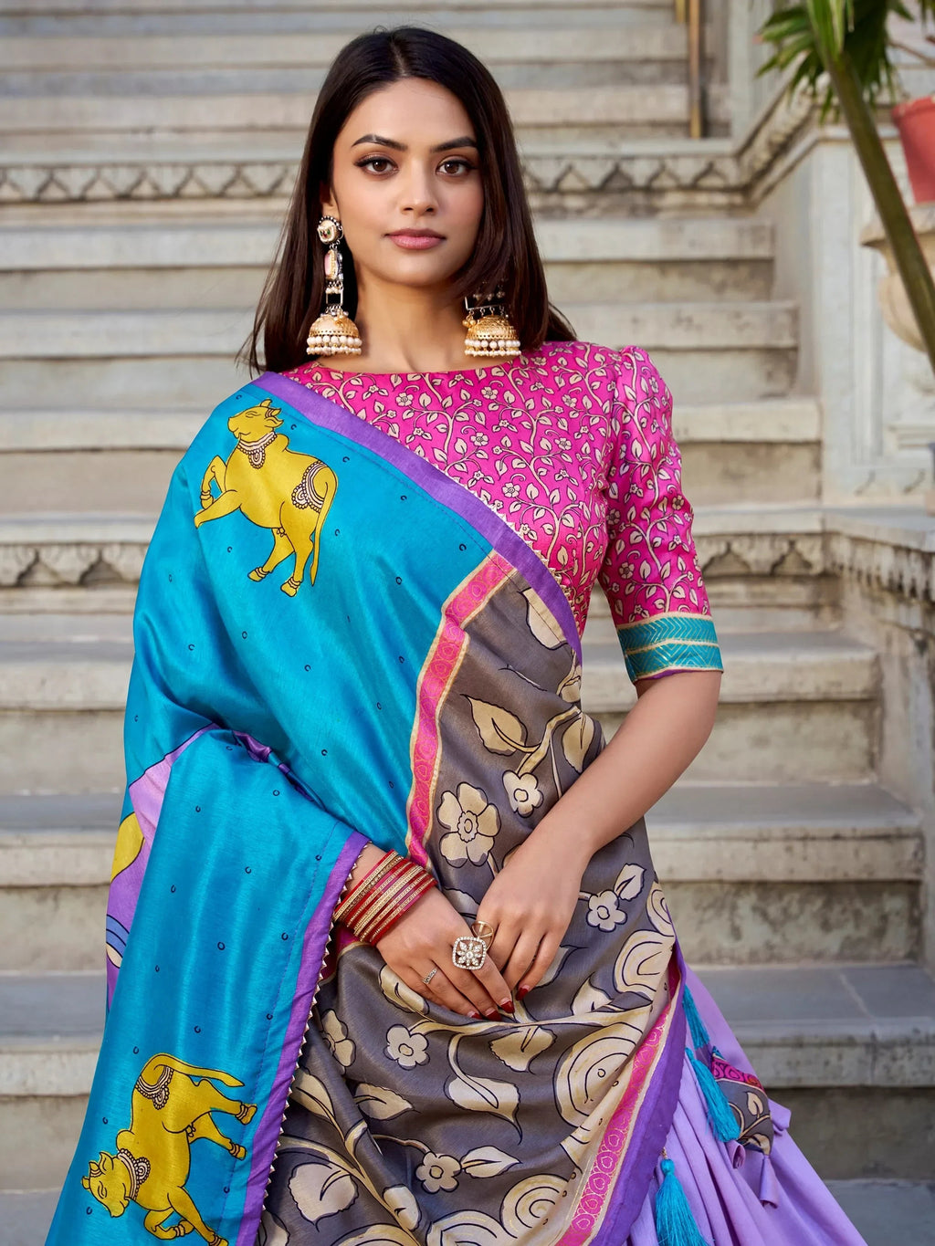 Lavender Stunning Kalamkari Printed Silk Festival Wear Lehenga Choli