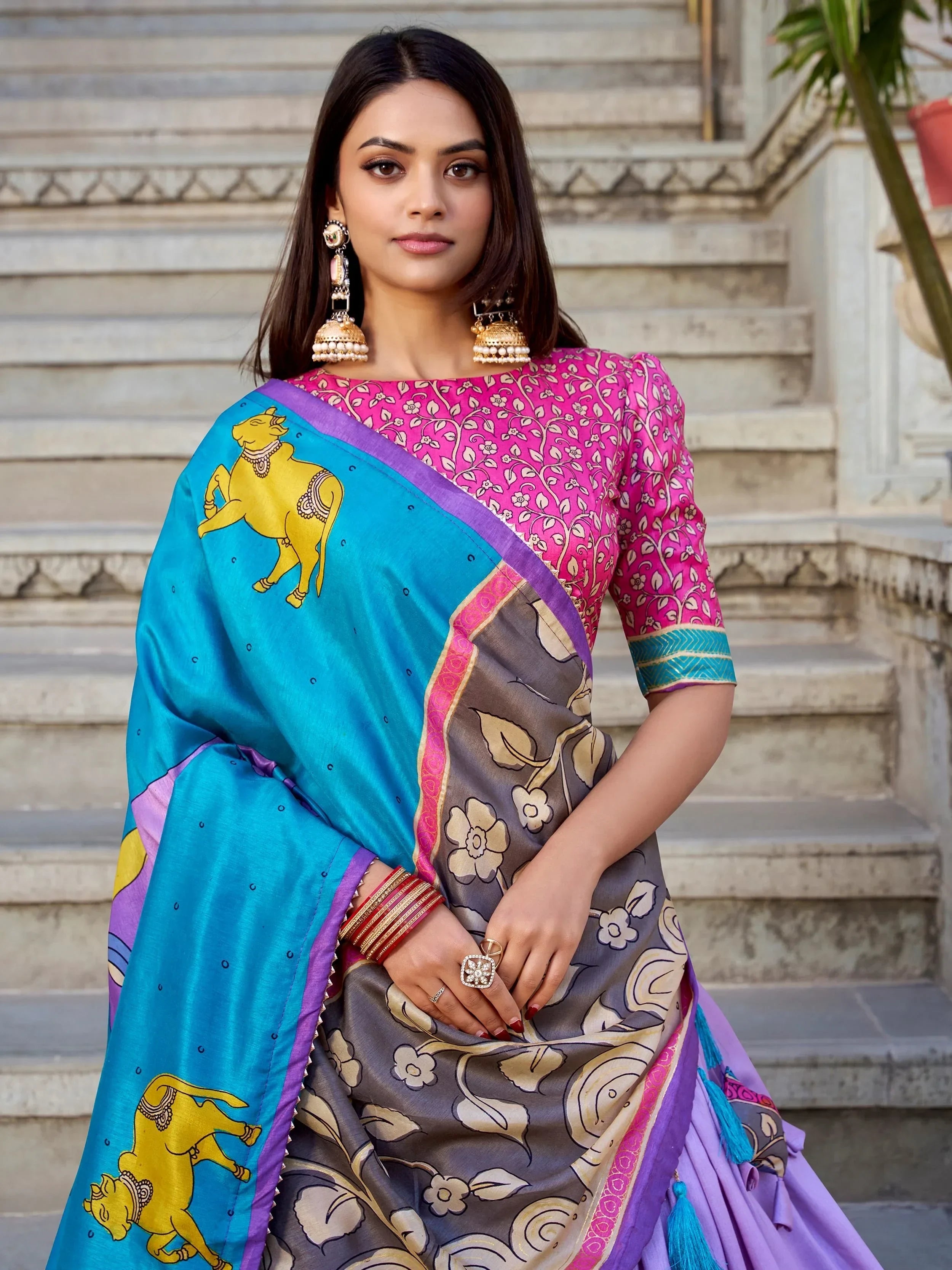 Lavender Stunning Kalamkari Printed Silk Festival Wear Lehenga Choli