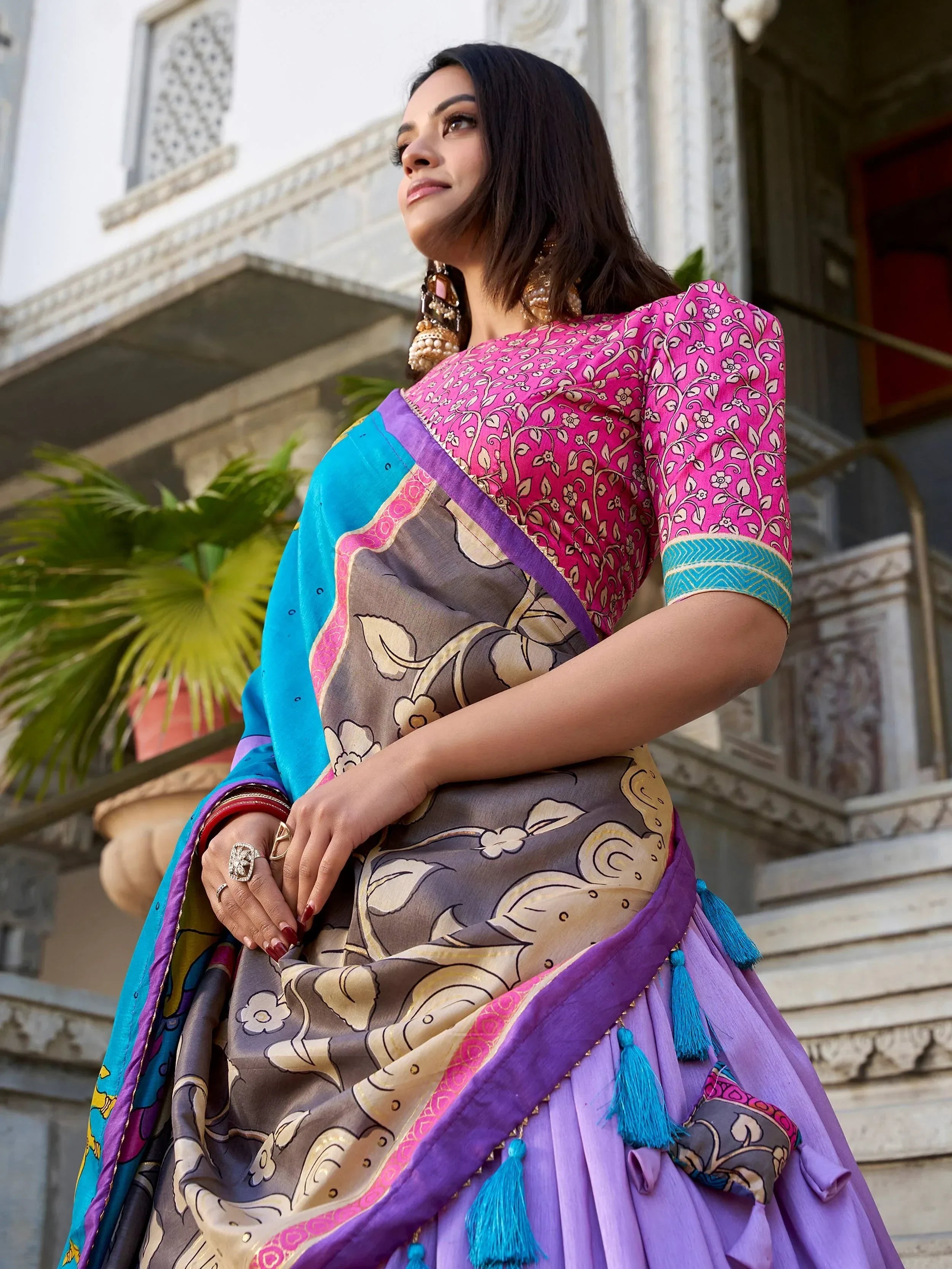 Lavender Stunning Kalamkari Printed Silk Festival Wear Lehenga Choli