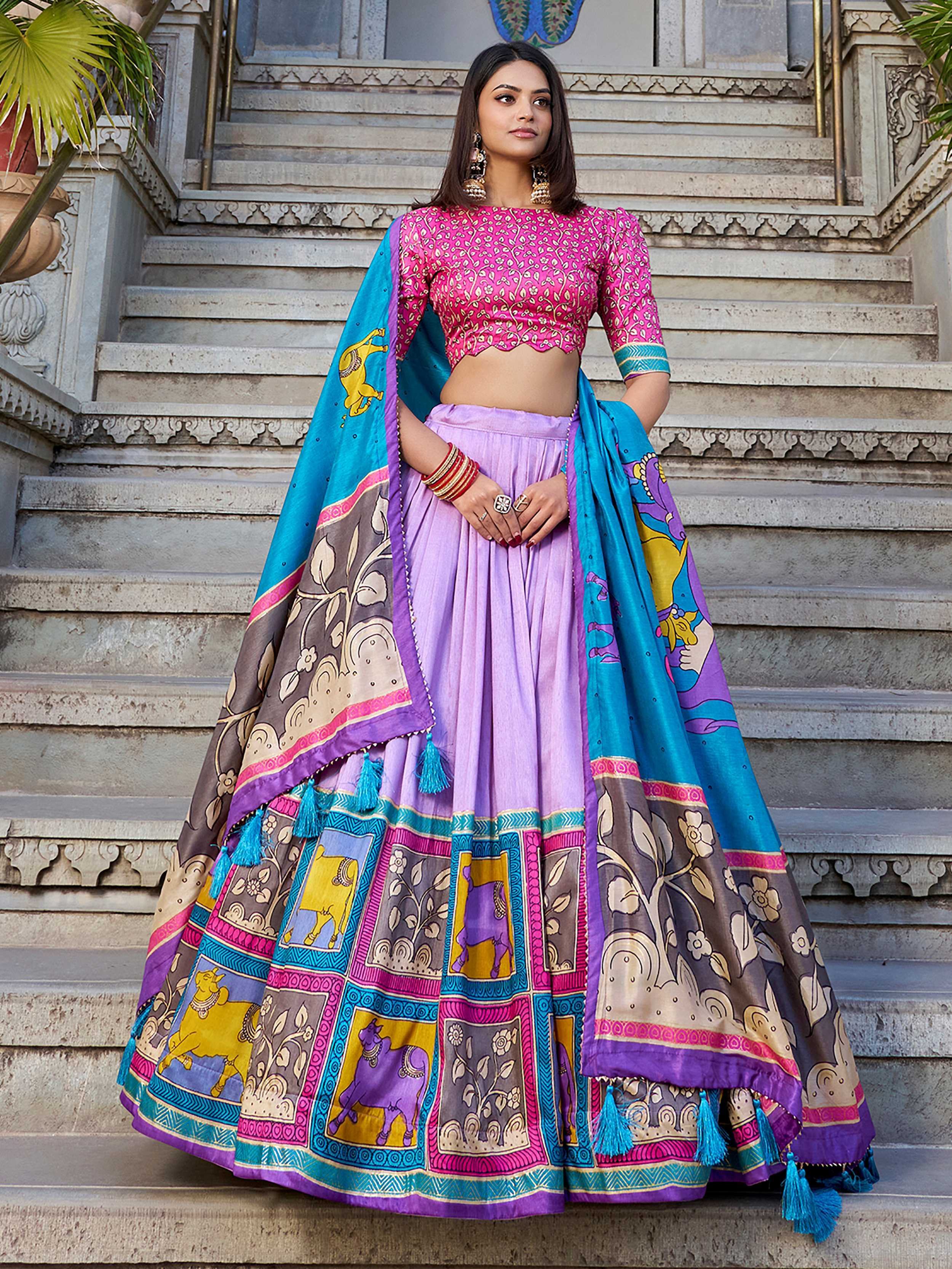 Lavender Stunning Kalamkari Printed Silk Festival Wear Lehenga Choli