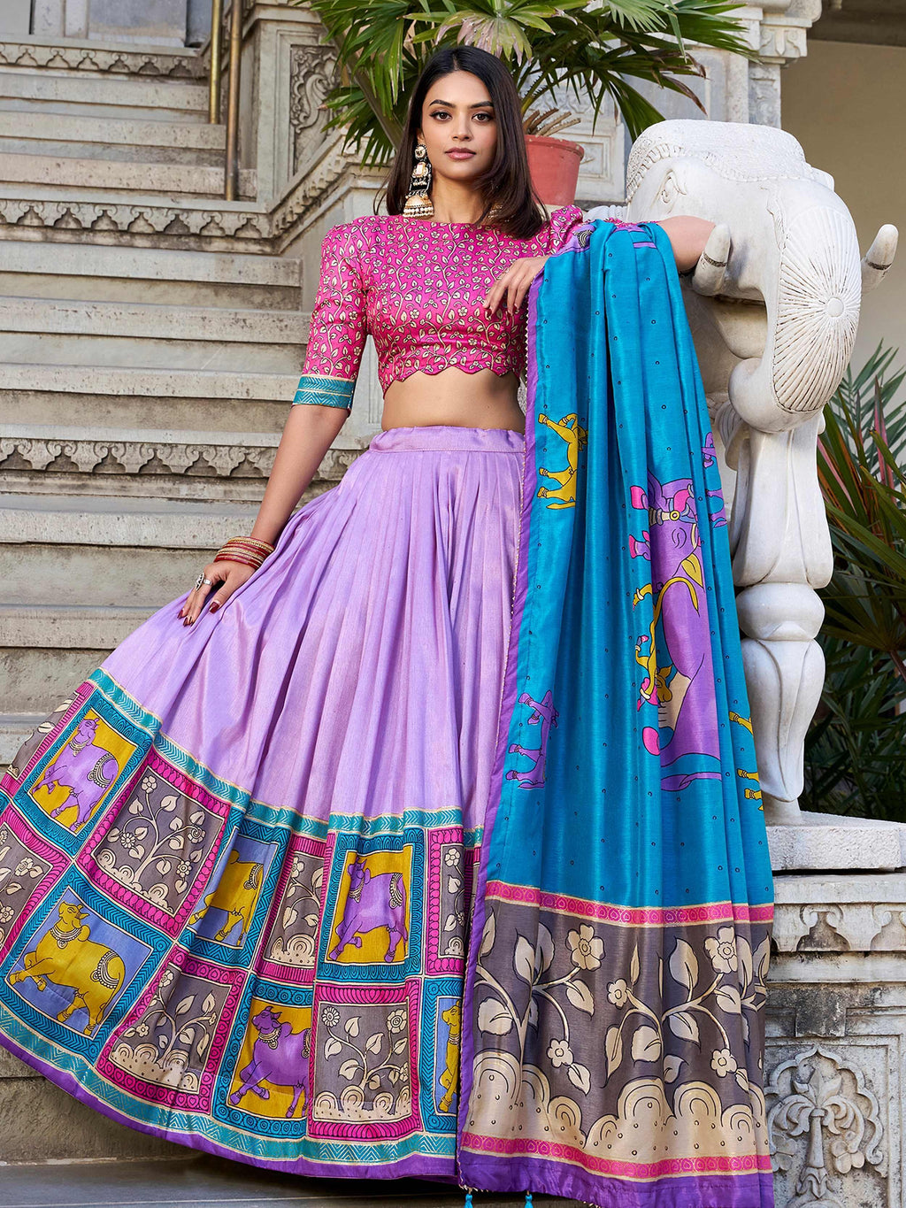 Lavender Stunning Kalamkari Printed Silk Festival Wear Lehenga Choli