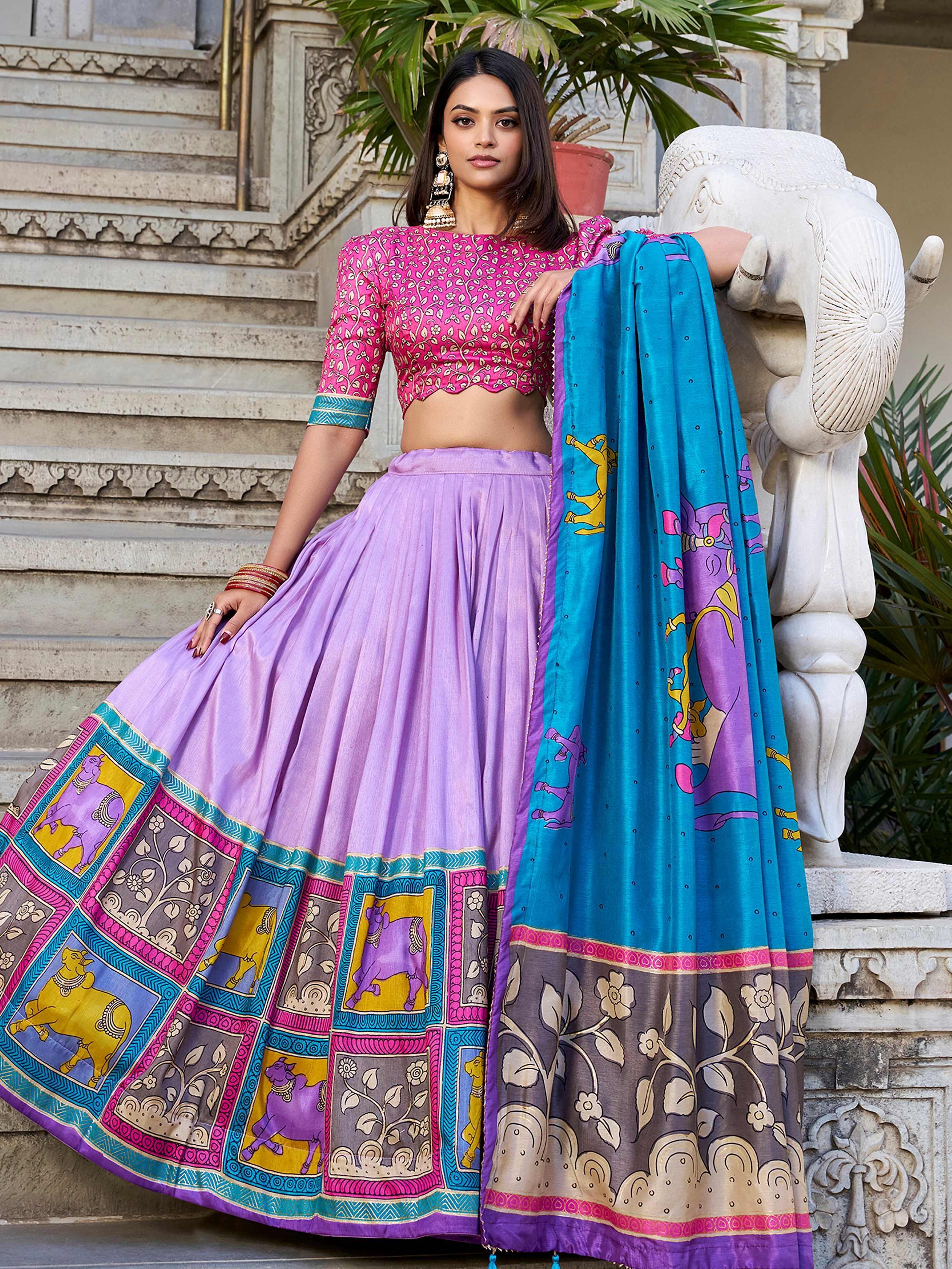 Lavender Stunning Kalamkari Printed Silk Festival Wear Lehenga Choli
