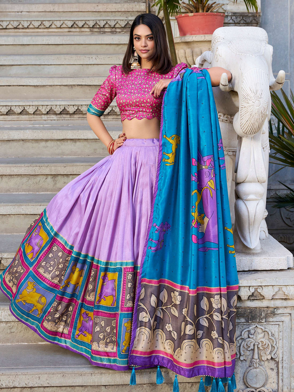 Lavender Stunning Kalamkari Printed Silk Festival Wear Lehenga Choli