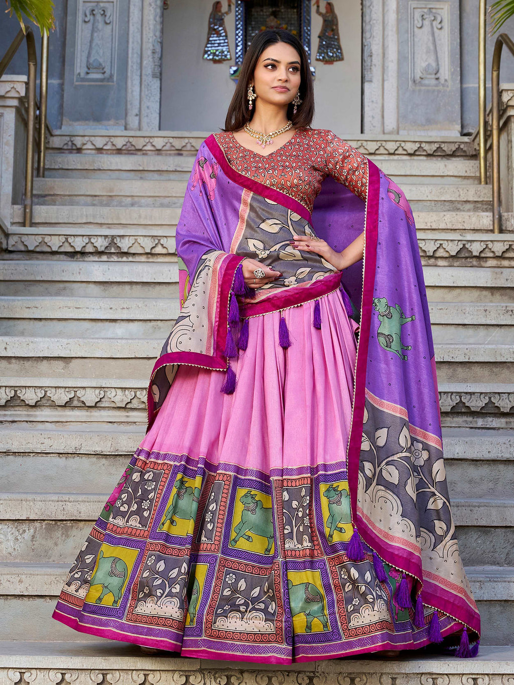 Pink Stunning Kalamkari Printed Silk Festival Wear Lehenga Choli