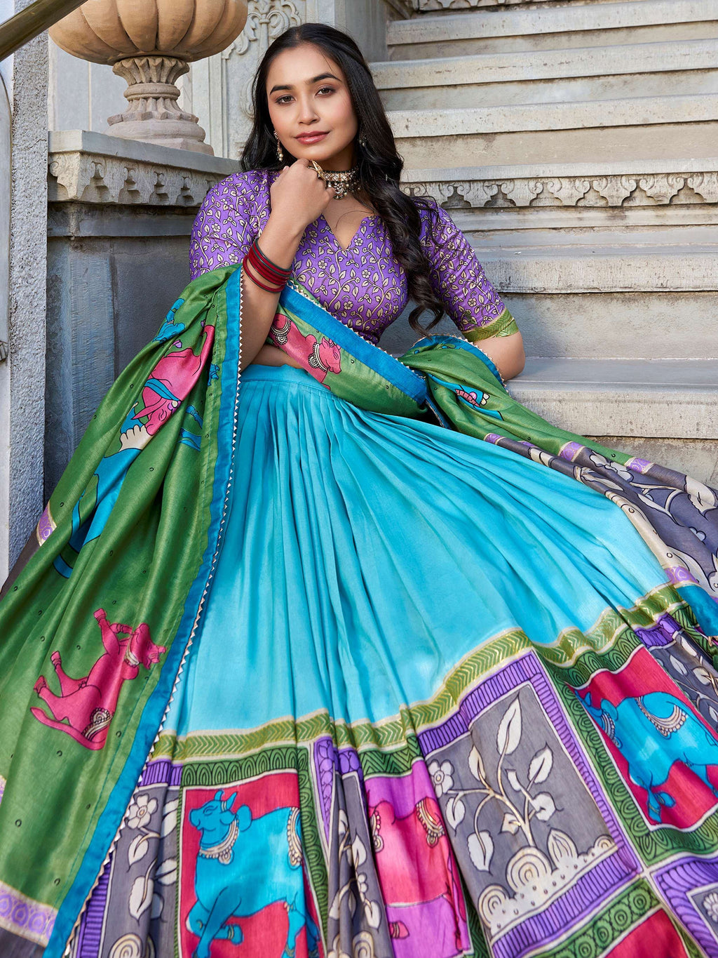Blue Stunning Kalamkari Printed Silk Festival Wear Lehenga Choli