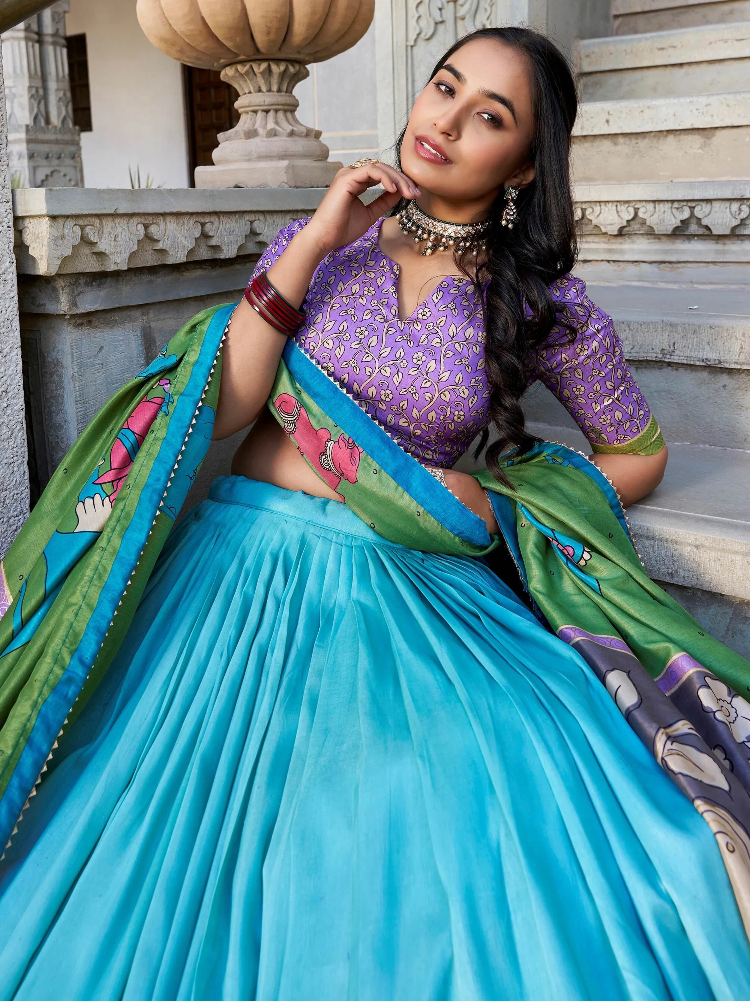 Blue Stunning Kalamkari Printed Silk Festival Wear Lehenga Choli