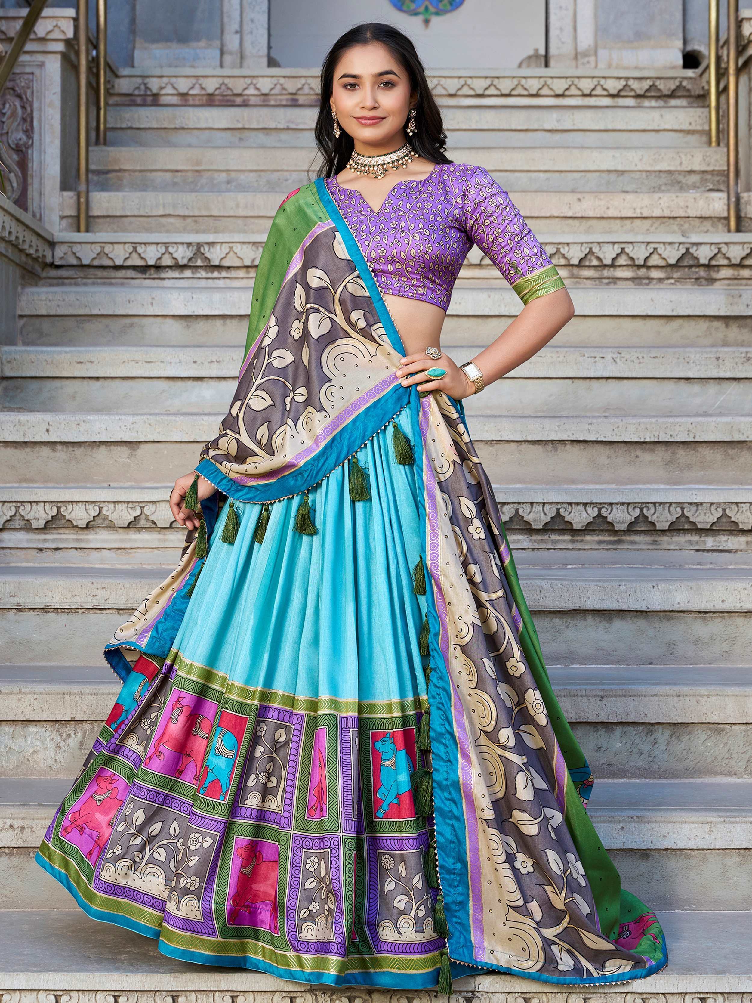 Blue Stunning Kalamkari Printed Silk Festival Wear Lehenga Choli