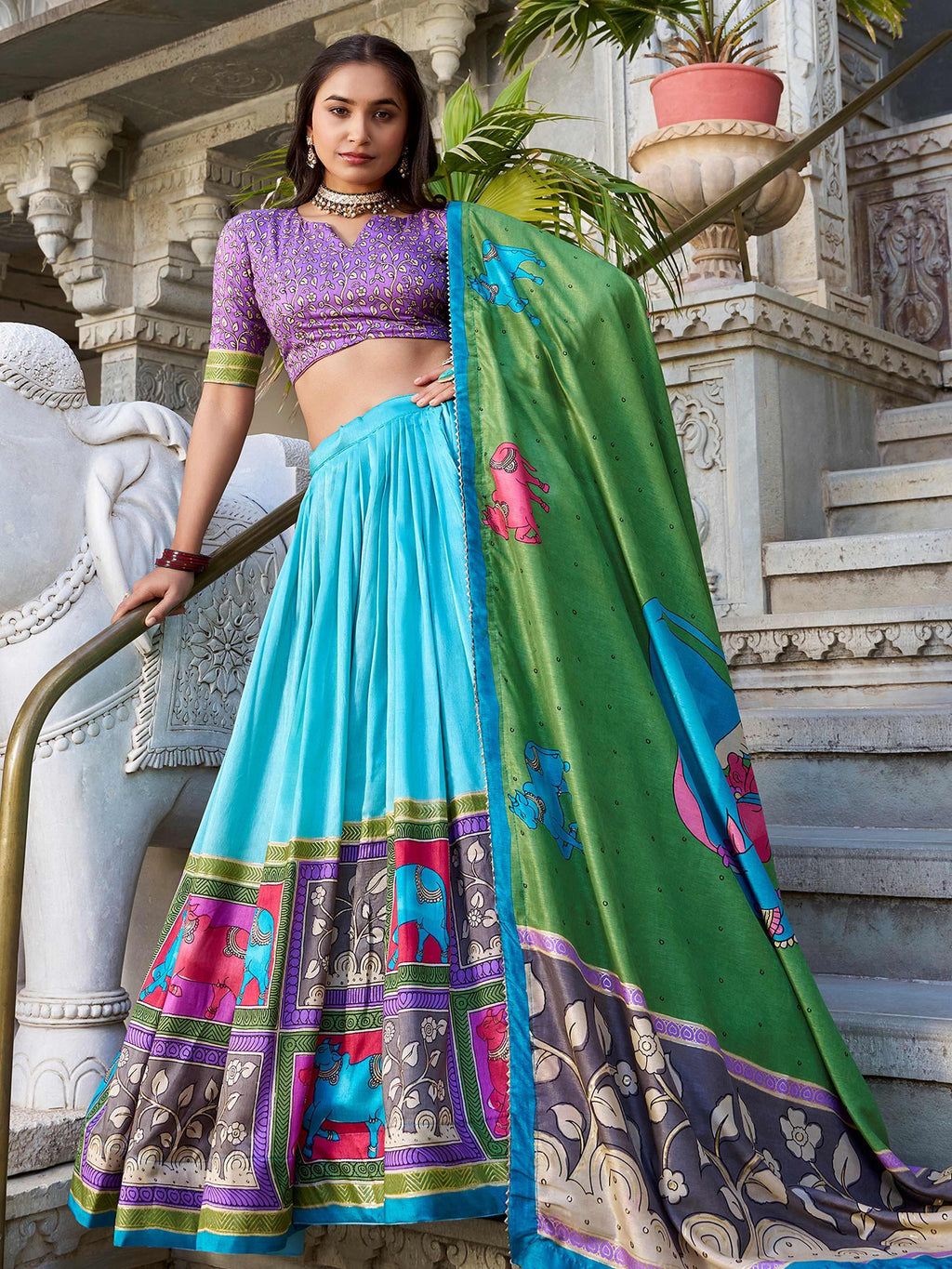 Blue Stunning Kalamkari Printed Silk Festival Wear Lehenga Choli