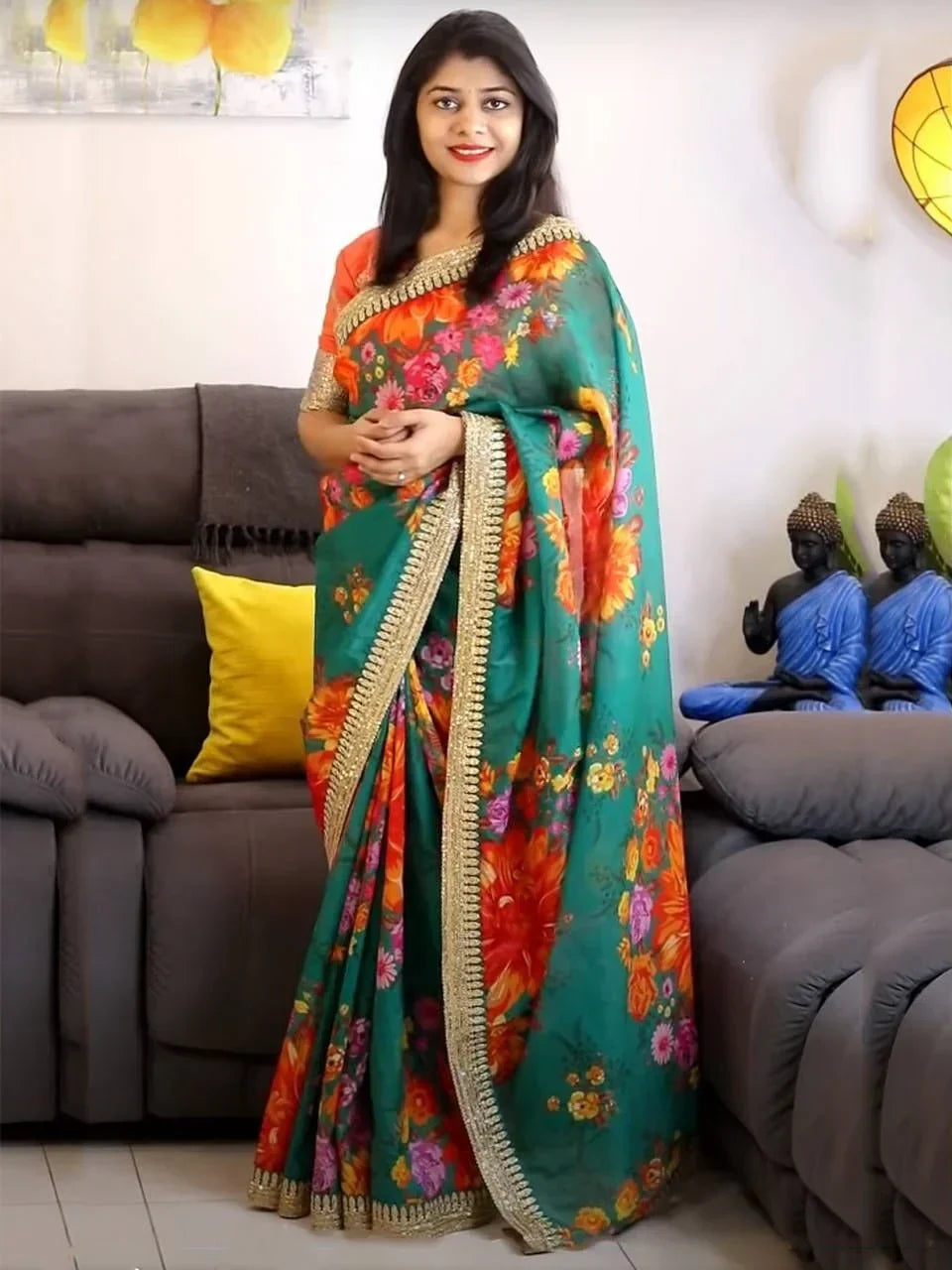 Green Sabyasachi Off Floral Orangza Wedding Wear Saree With Blouse