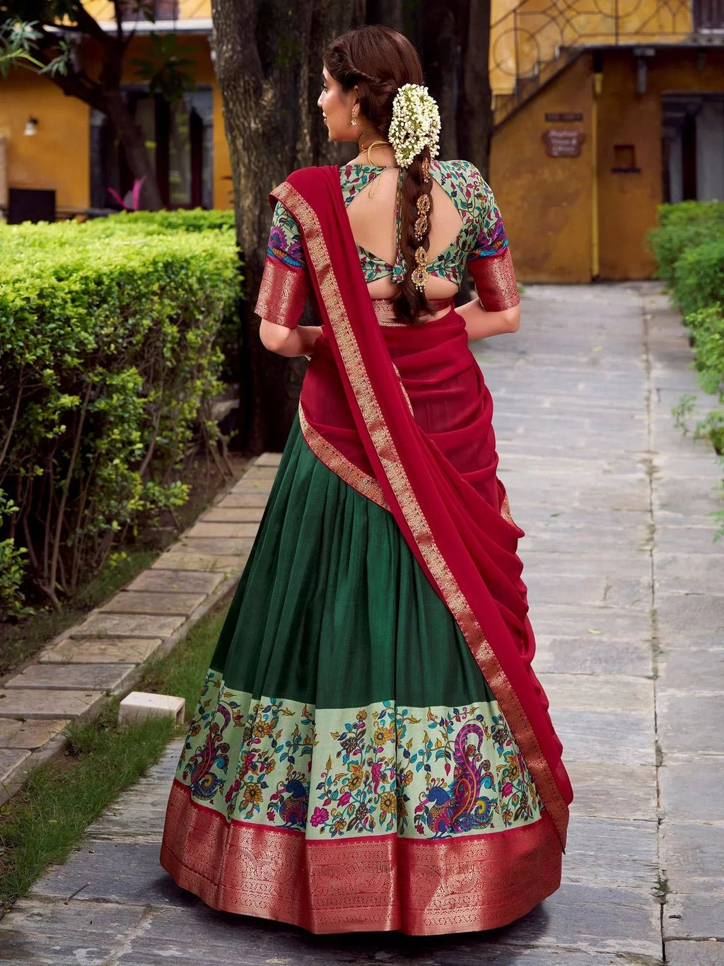 Green Gorgeous Zari Weaving Silk Festive Wear Half Saree Lehenga Choli