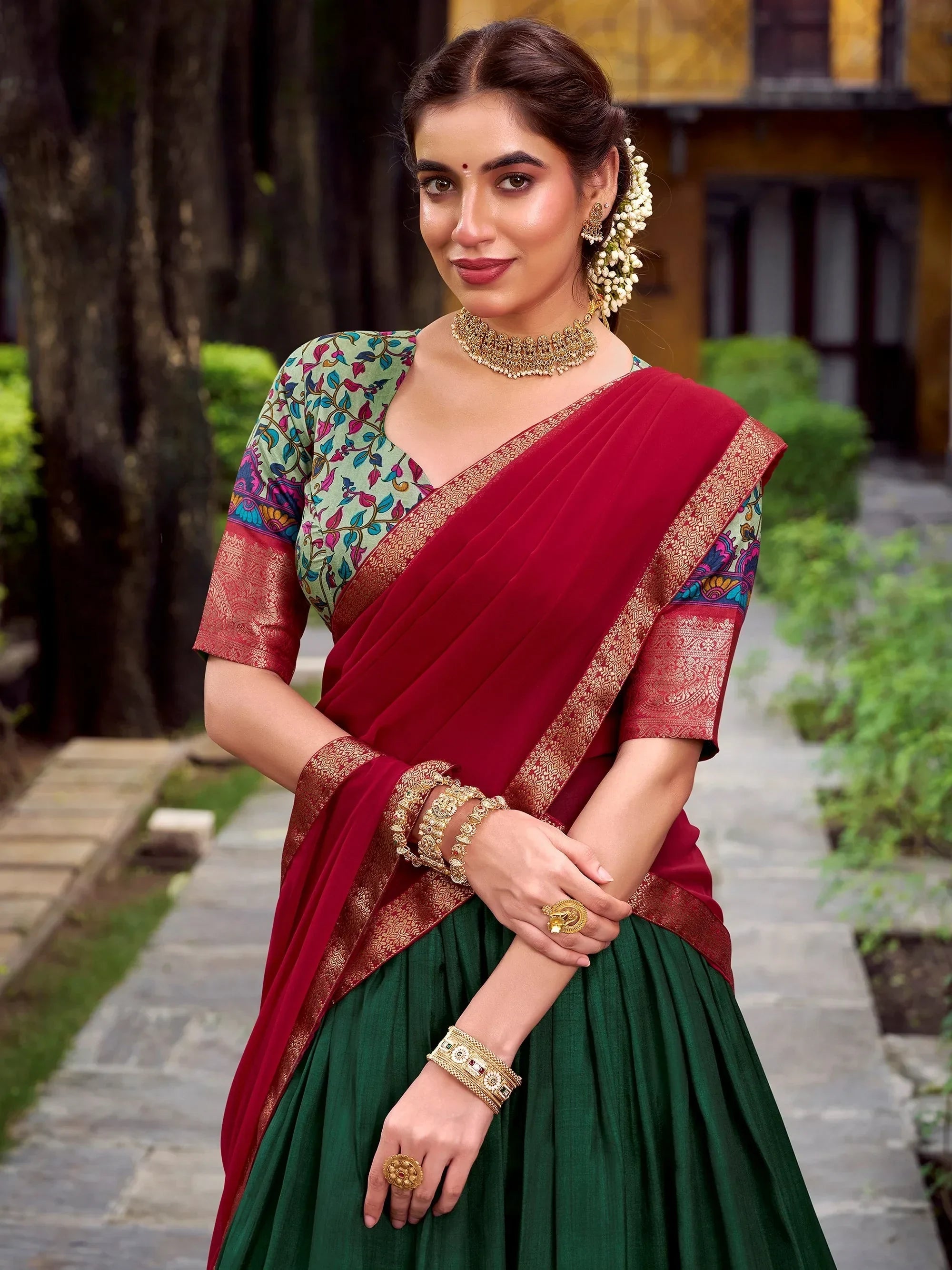 Green Gorgeous Zari Weaving Silk Festive Wear Half Saree Lehenga Choli