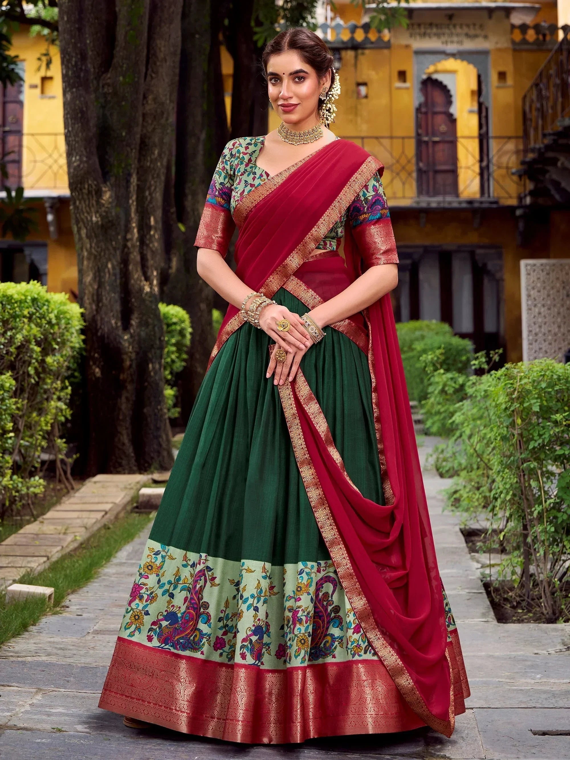 Green Gorgeous Zari Weaving Silk Festive Wear Half Saree Lehenga Choli