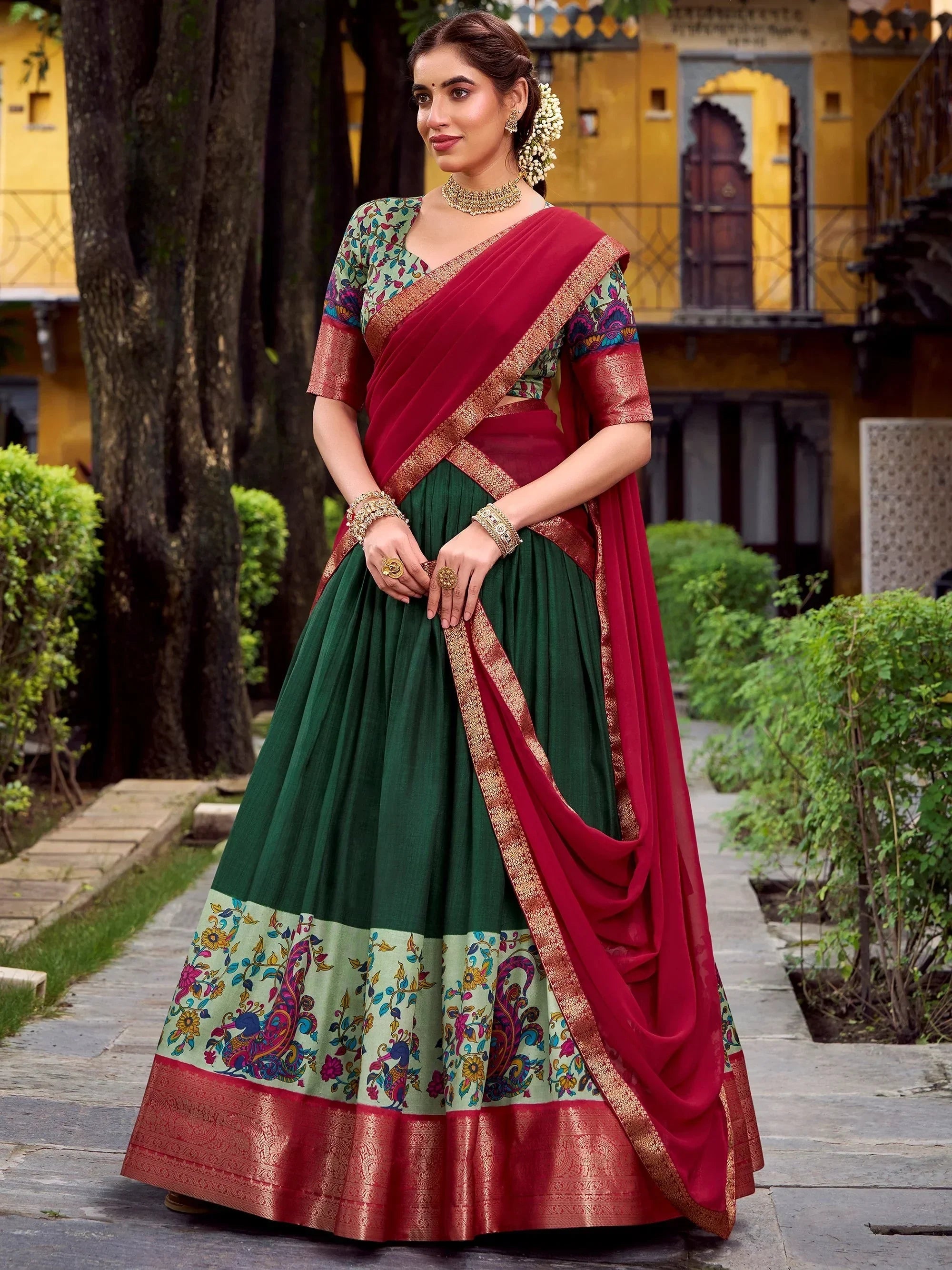 Green Gorgeous Zari Weaving Silk Festive Wear Half Saree Lehenga Choli