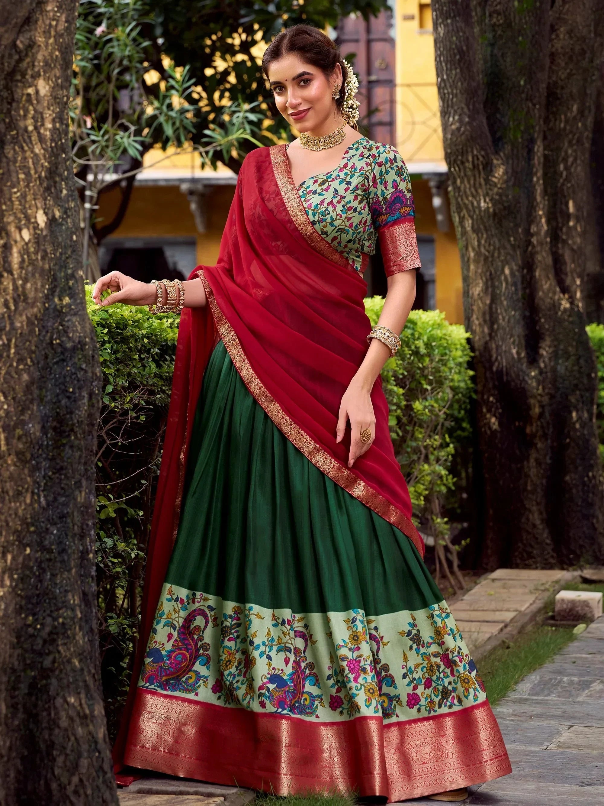 Green Gorgeous Zari Weaving Silk Festive Wear Half Saree Lehenga Choli