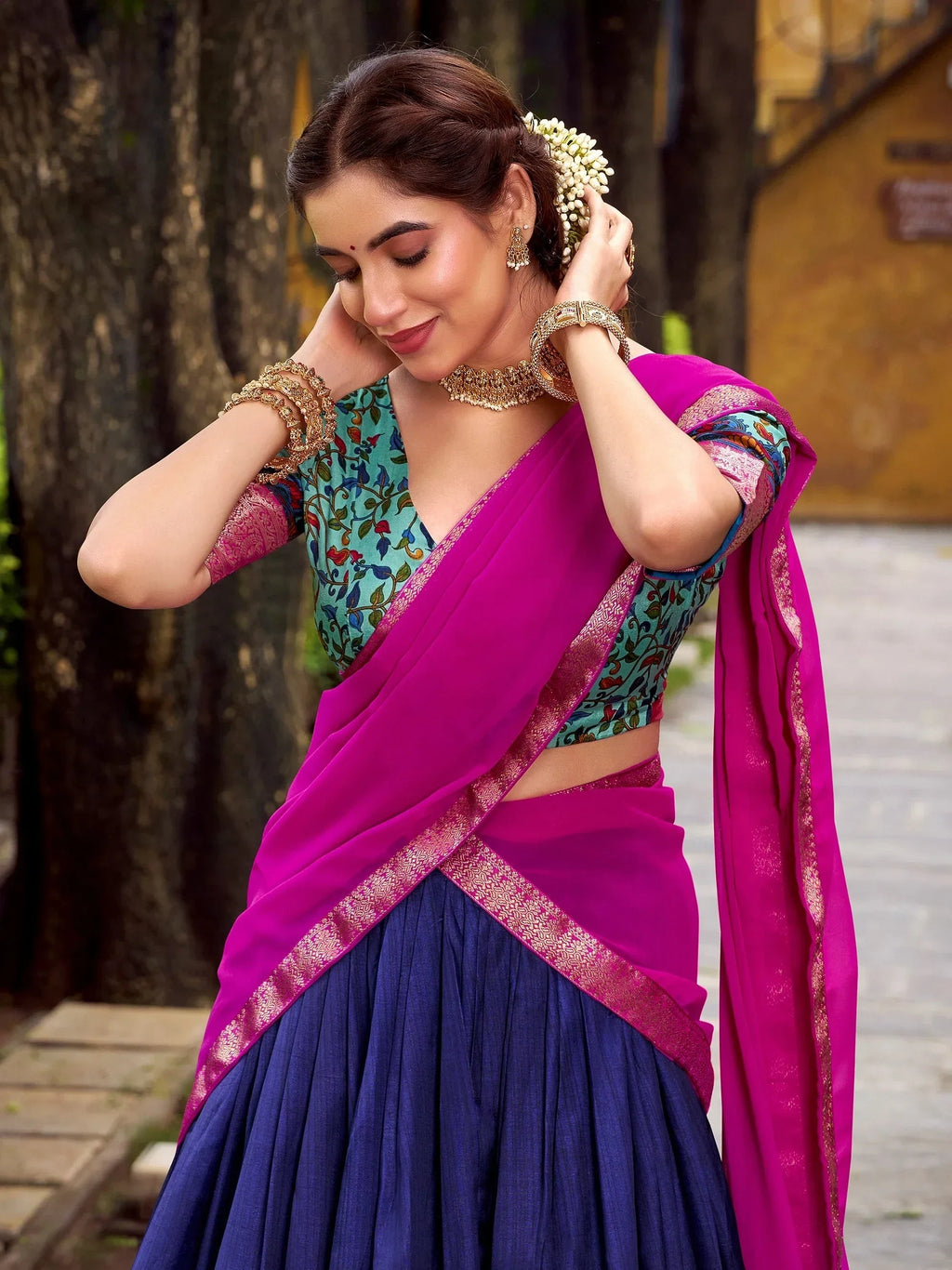 Blue Gorgeous Zari Weaving Silk Festive Wear Half Saree Lehenga Choli