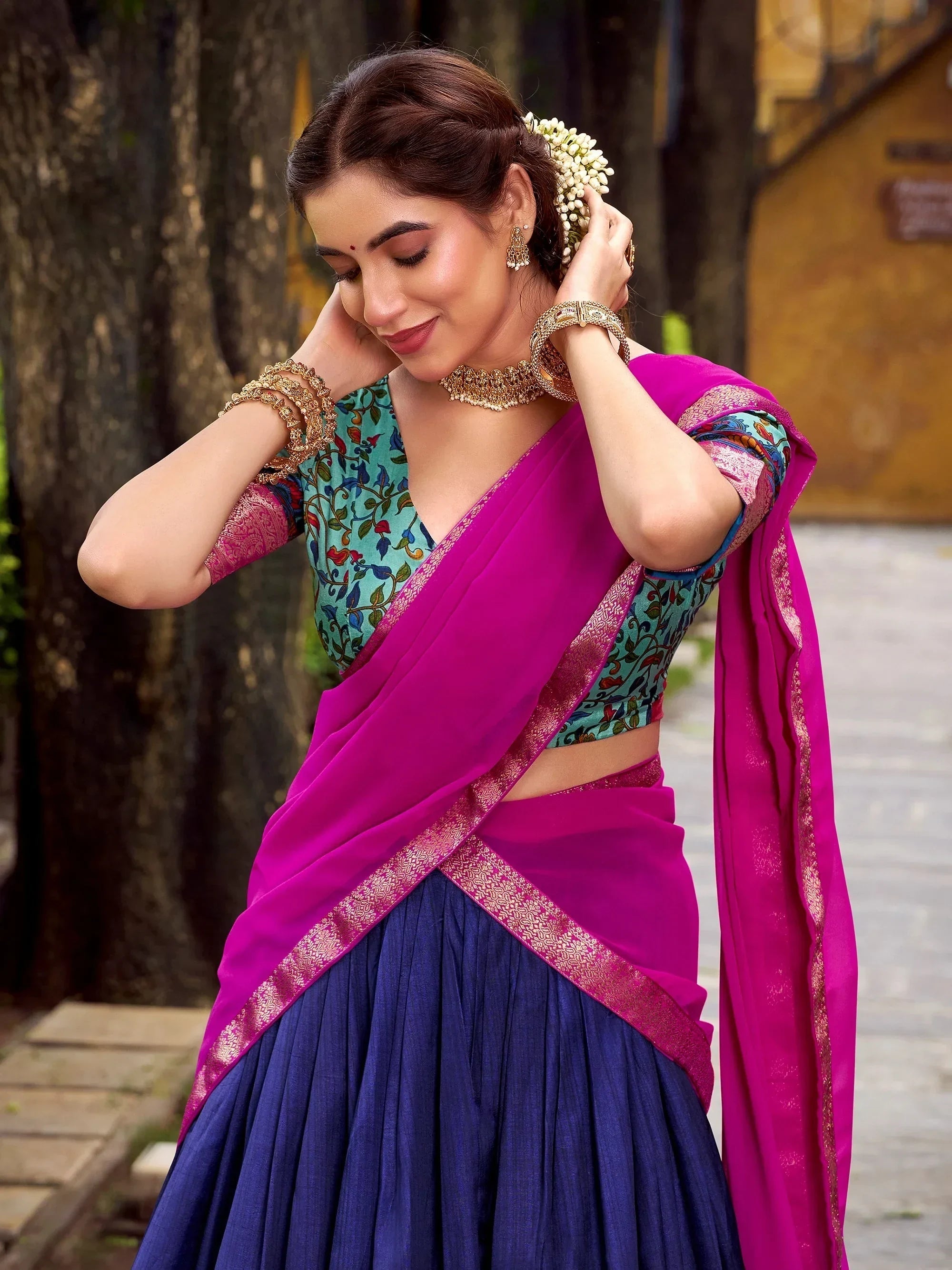 Blue Gorgeous Zari Weaving Silk Festive Wear Half Saree Lehenga Choli