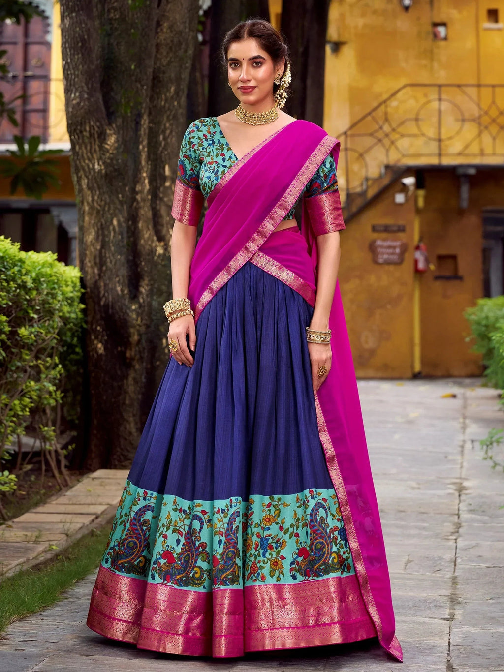 Blue Gorgeous Zari Weaving Silk Festive Wear Half Saree Lehenga Choli