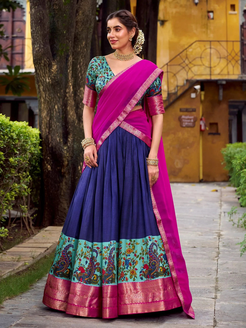 Blue Gorgeous Zari Weaving Silk Festive Wear Half Saree Lehenga Choli