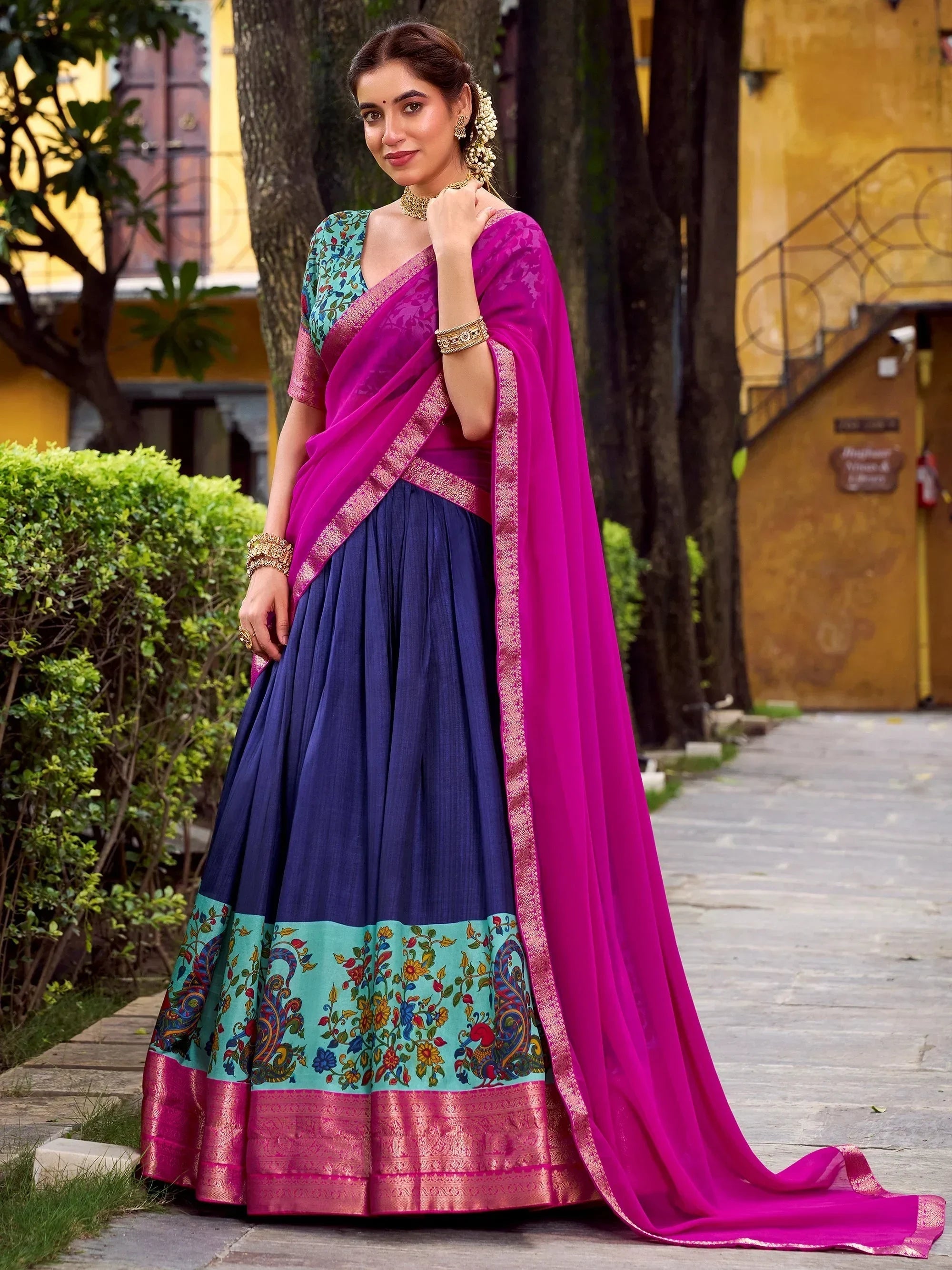 Blue Gorgeous Zari Weaving Silk Festive Wear Half Saree Lehenga Choli