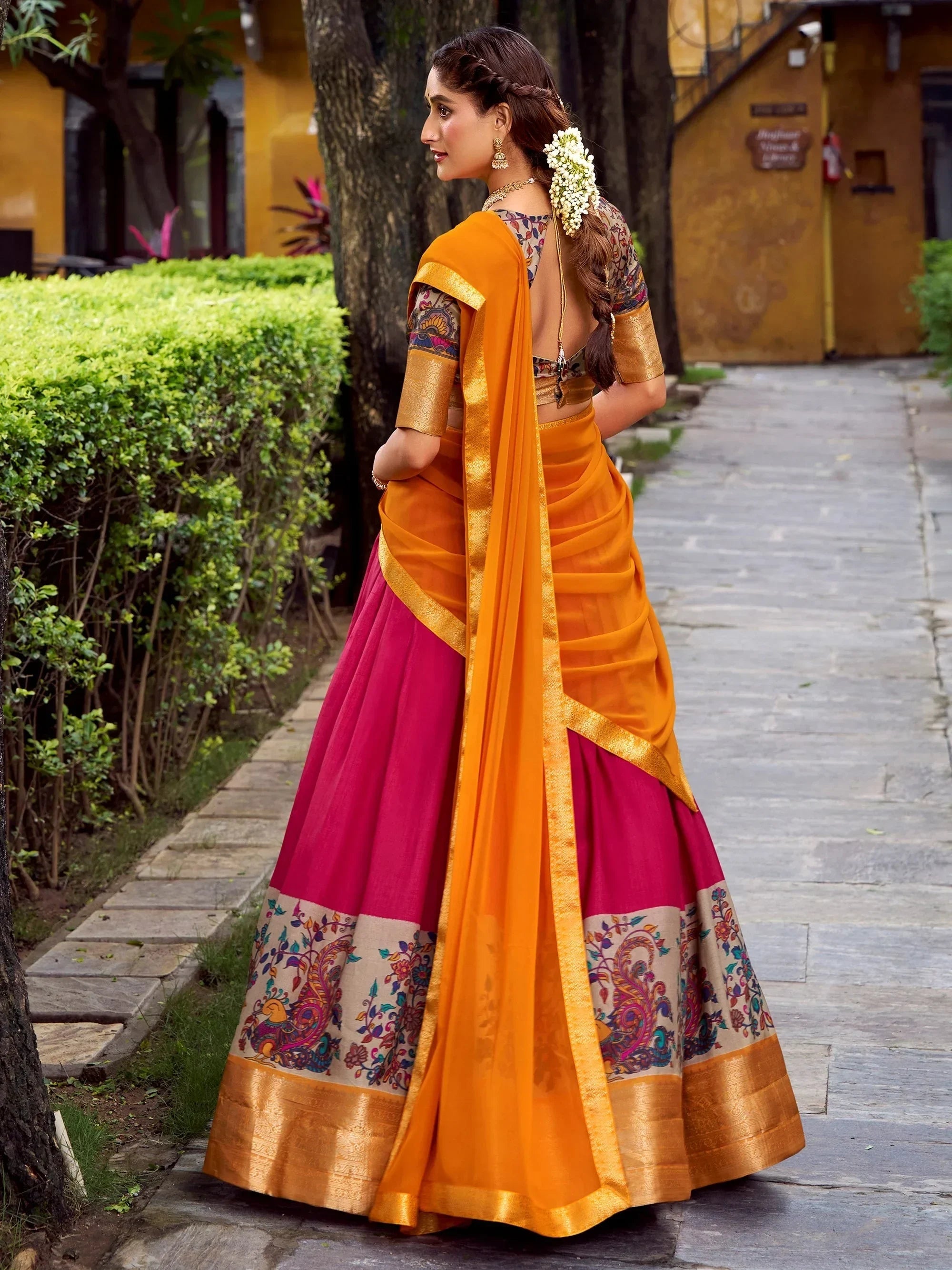 Pink Gorgeous Zari Weaving Silk Festive Wear Half Saree Lehenga Choli