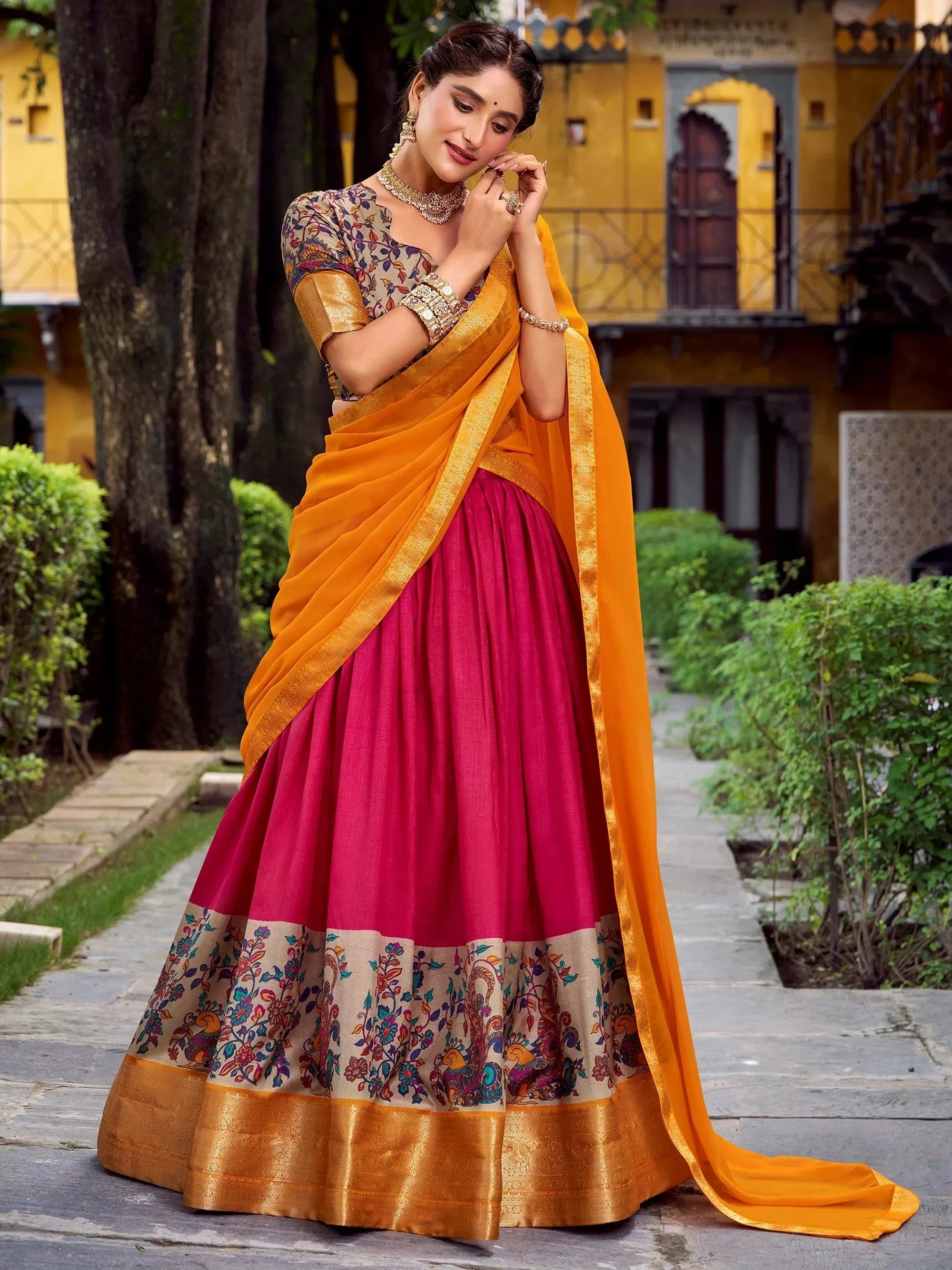 Pink Gorgeous Zari Weaving Silk Festive Wear Half Saree Lehenga Choli