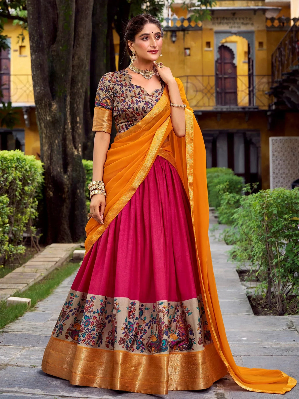 Pink Gorgeous Zari Weaving Silk Festive Wear Half Saree Lehenga Choli
