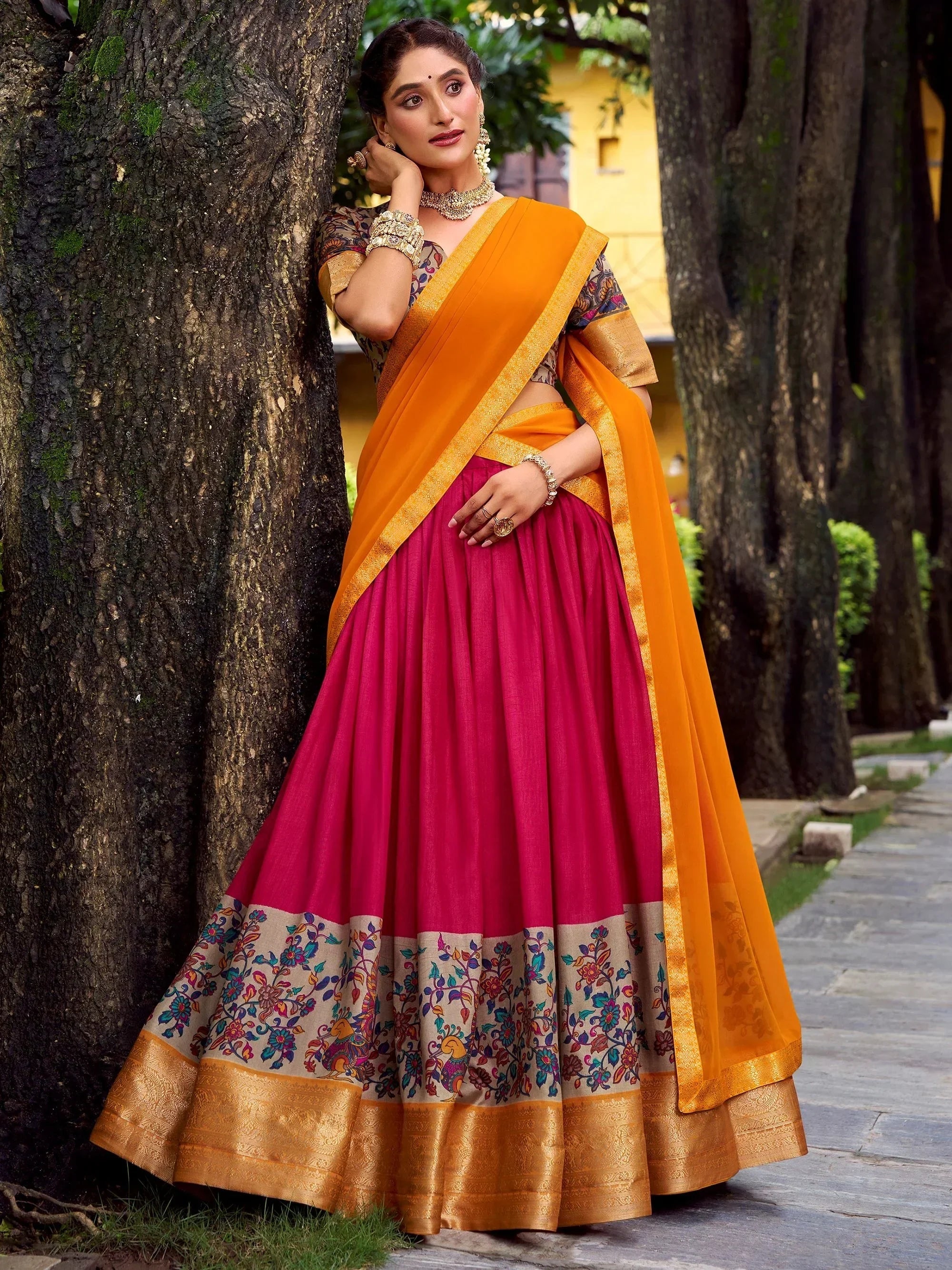 Pink Gorgeous Zari Weaving Silk Festive Wear Half Saree Lehenga Choli
