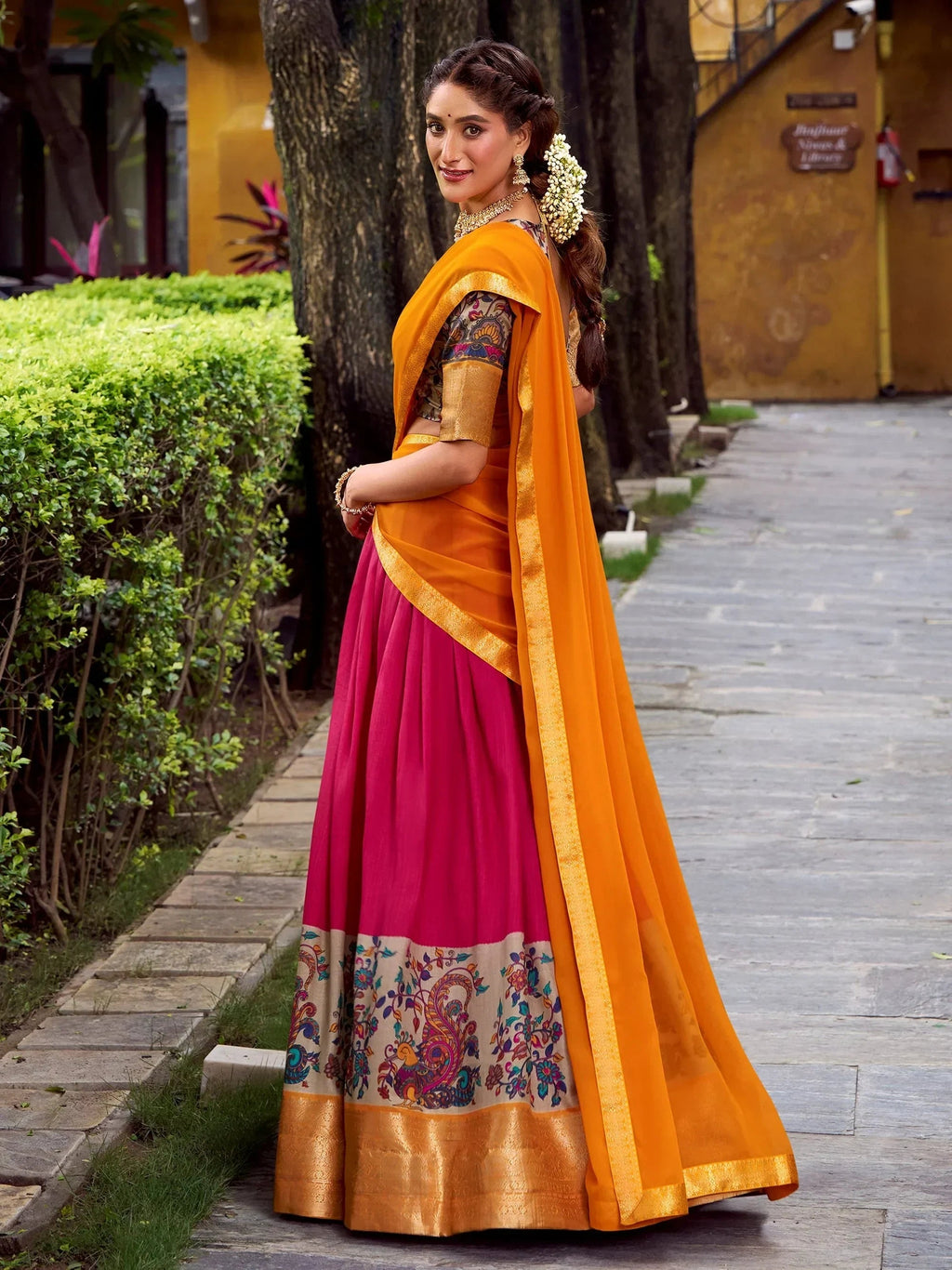 Pink Gorgeous Zari Weaving Silk Festive Wear Half Saree Lehenga Choli