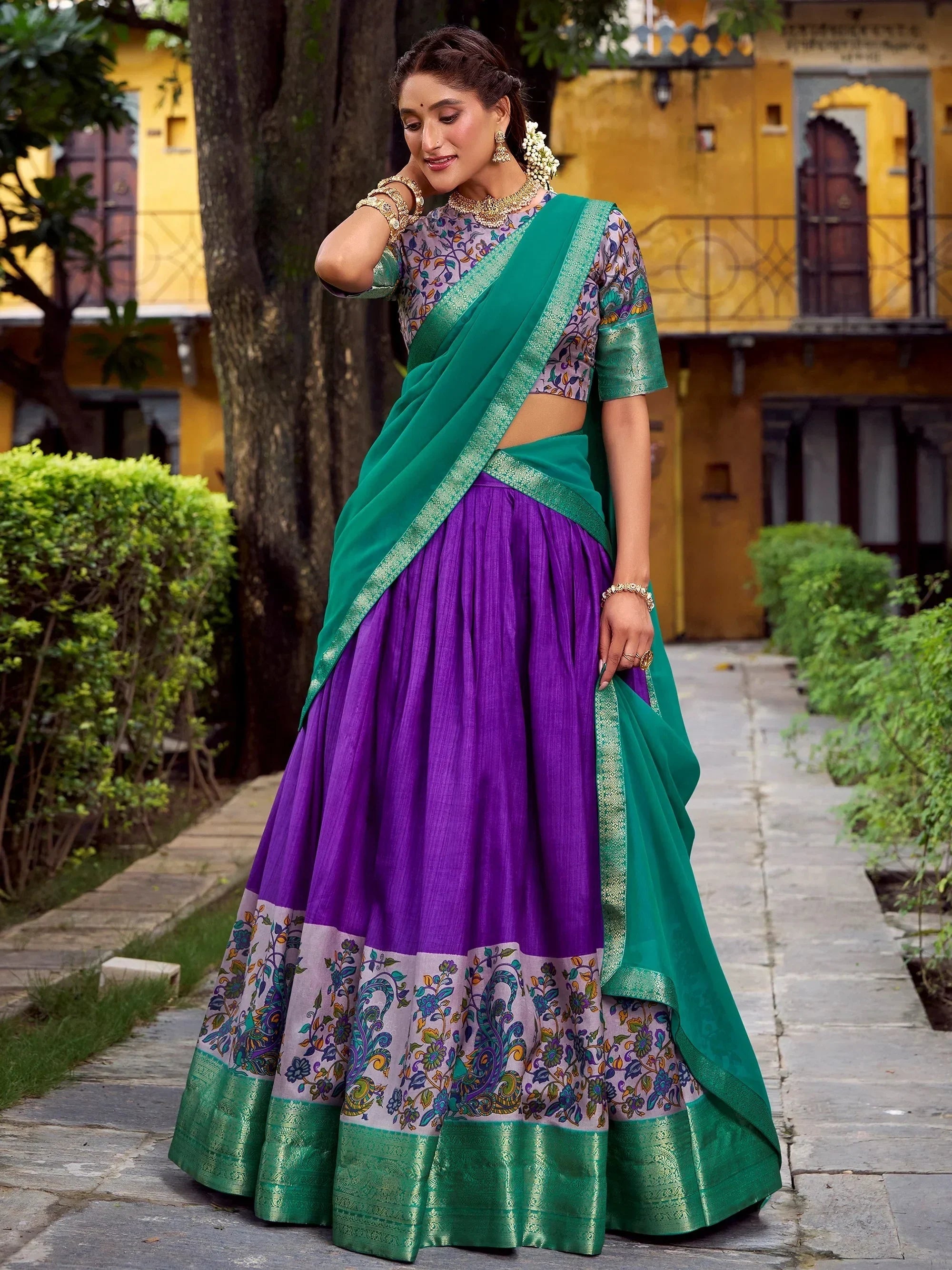 Purple Gorgeous Zari Weaving Silk Festive Wear Half Saree Lehenga Choli