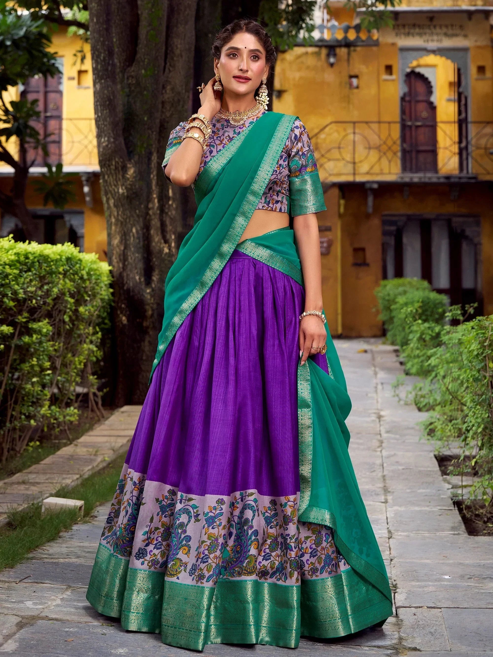Purple Gorgeous Zari Weaving Silk Festive Wear Half Saree Lehenga Choli