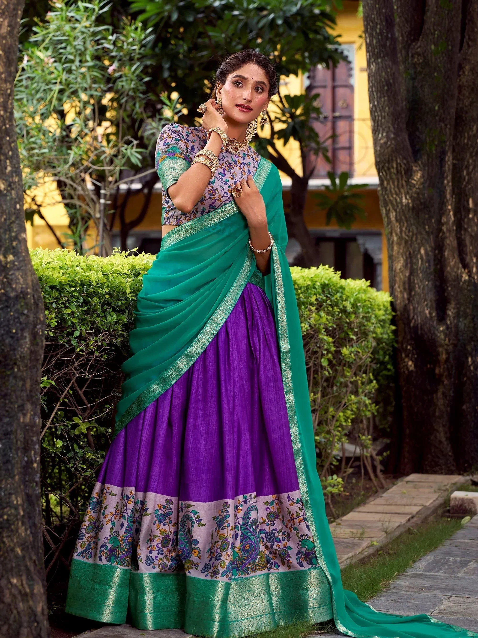 Purple Gorgeous Zari Weaving Silk Festive Wear Half Saree Lehenga Choli
