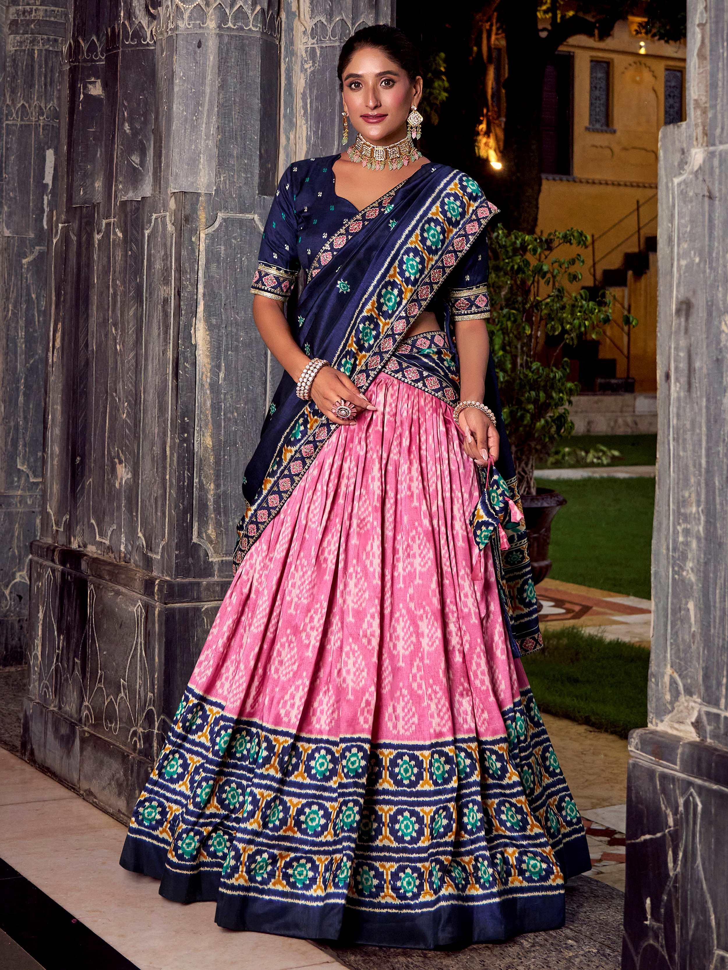 Light Pink Beautiful Light Silk Ikkat Printed Lehenga Choli With Dupatta