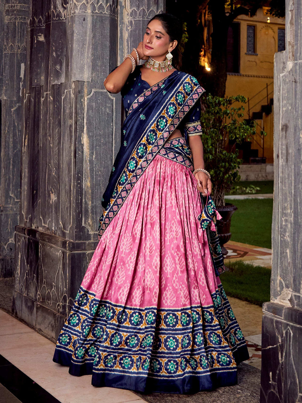 Light Pink Beautiful Light Silk Ikkat Printed Lehenga Choli With Dupatta