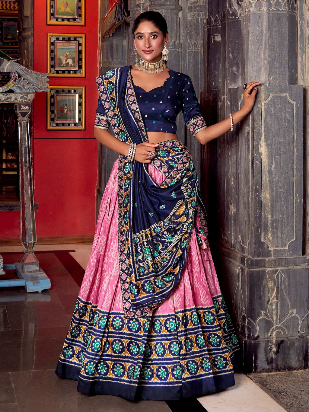 Light Pink Beautiful Light Silk Ikkat Printed Lehenga Choli With Dupatta
