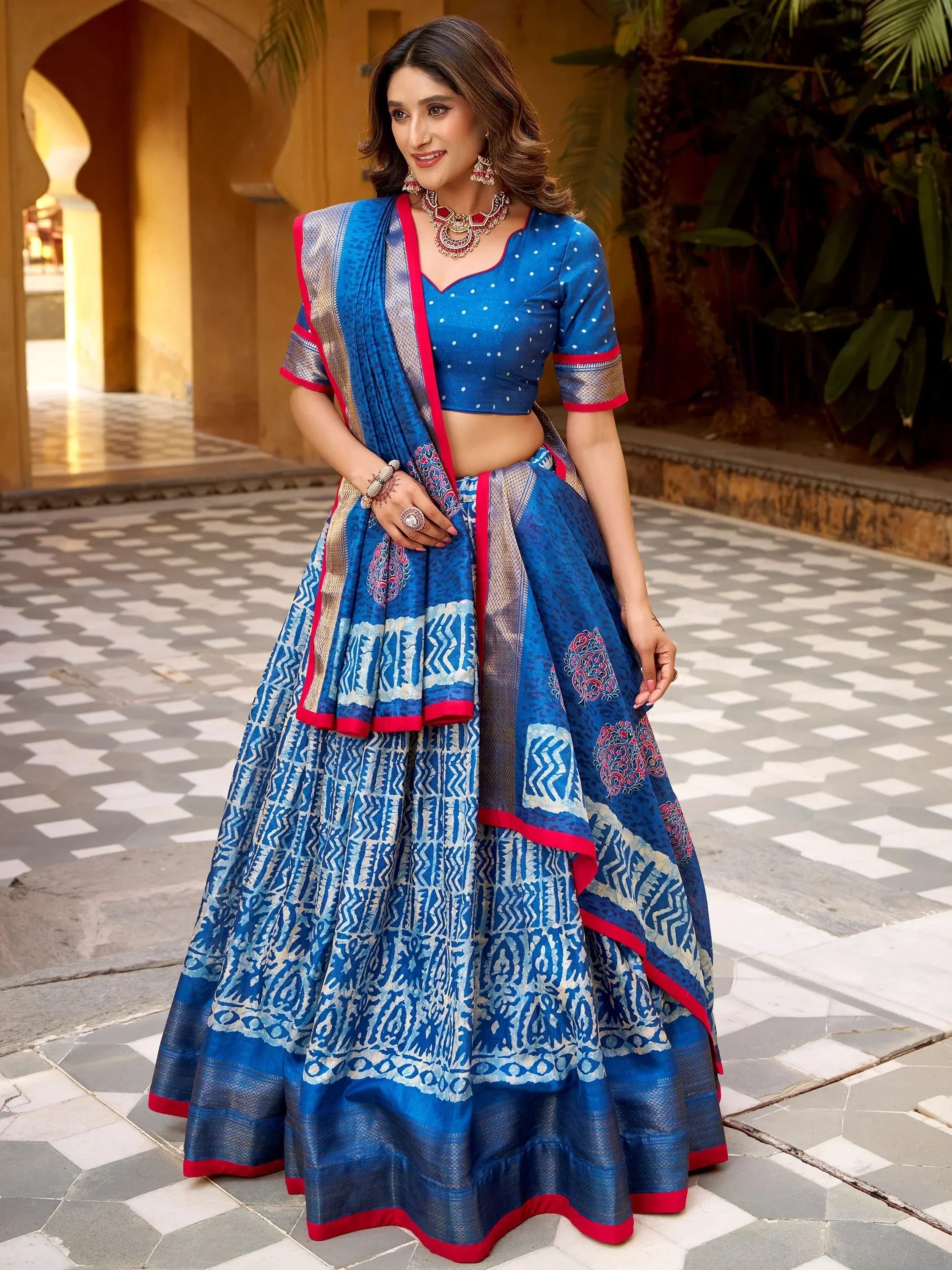 Blue Enchanting Printed Dola Silk Function Wear Lehenga Choli