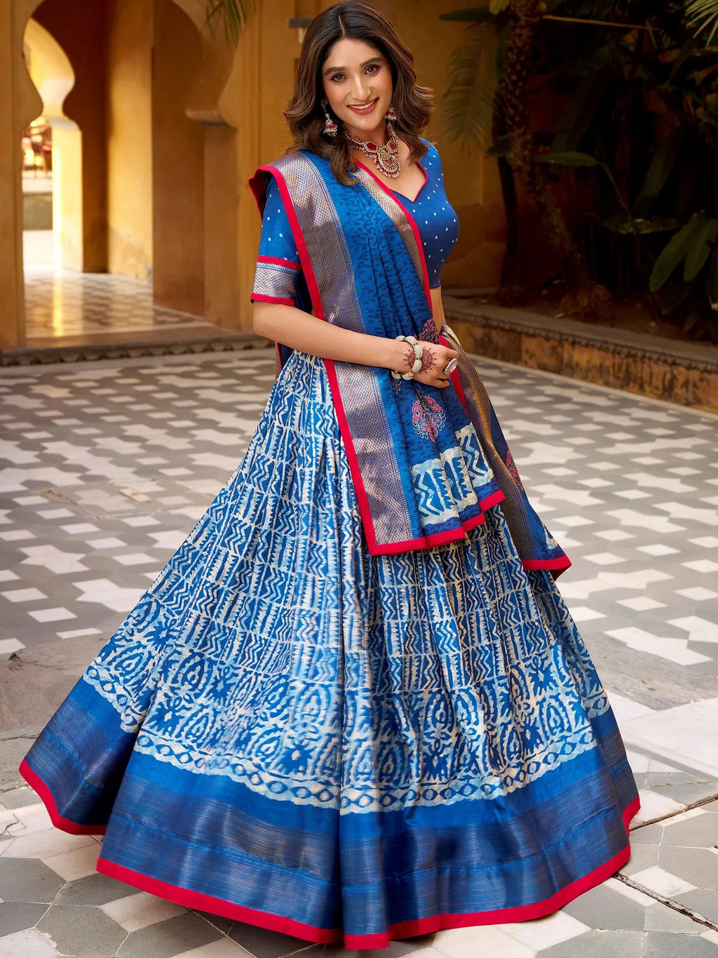 Blue Enchanting Printed Dola Silk Function Wear Lehenga Choli