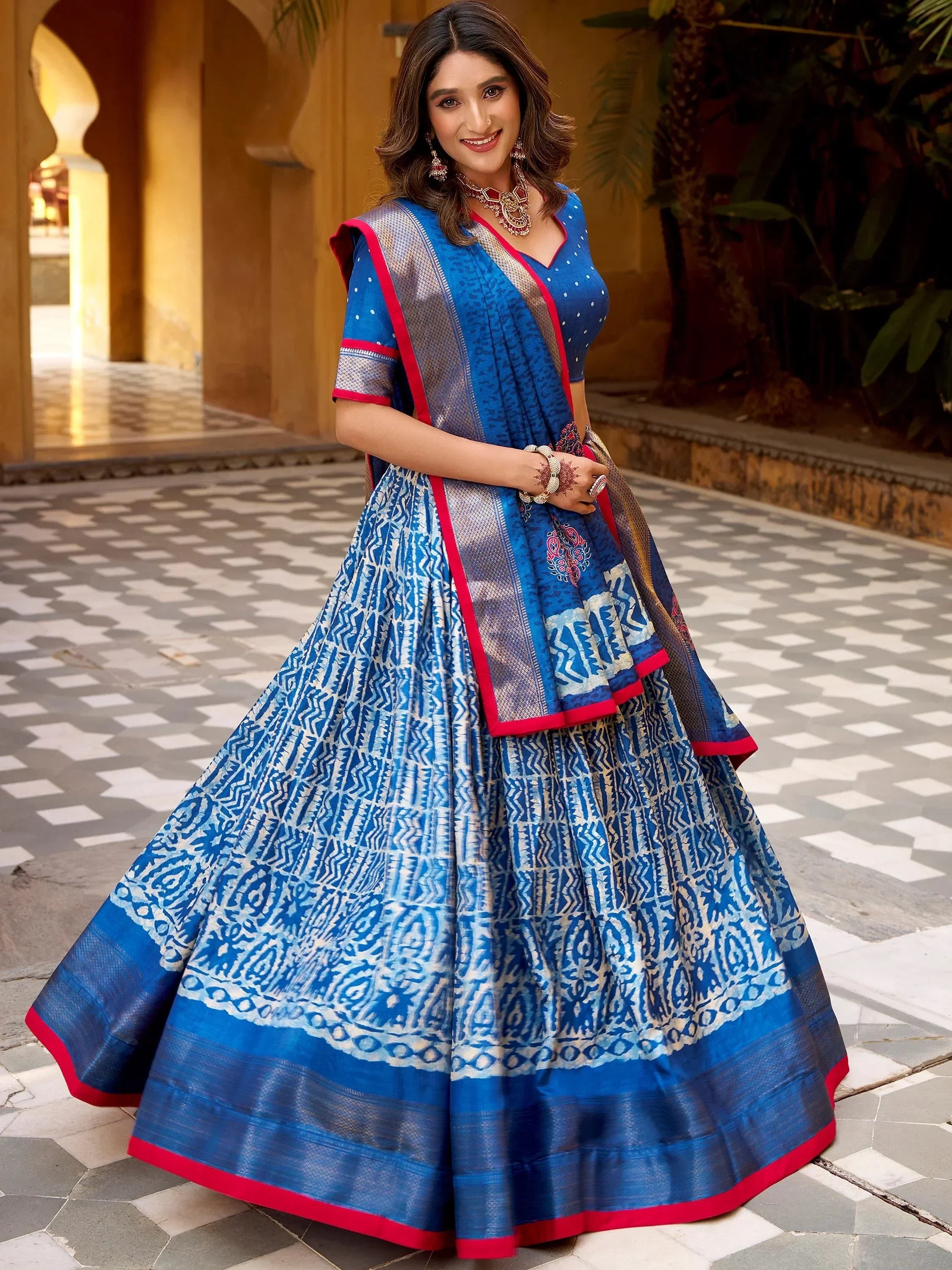 Blue Enchanting Printed Dola Silk Function Wear Lehenga Choli