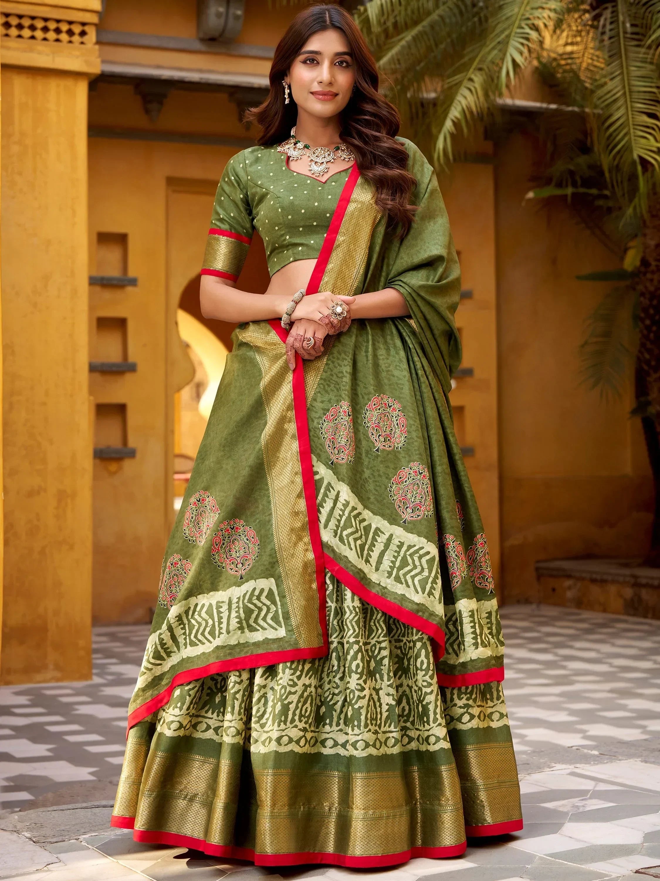 Green Enchanting Printed Dola Silk Function Wear Lehenga Choli