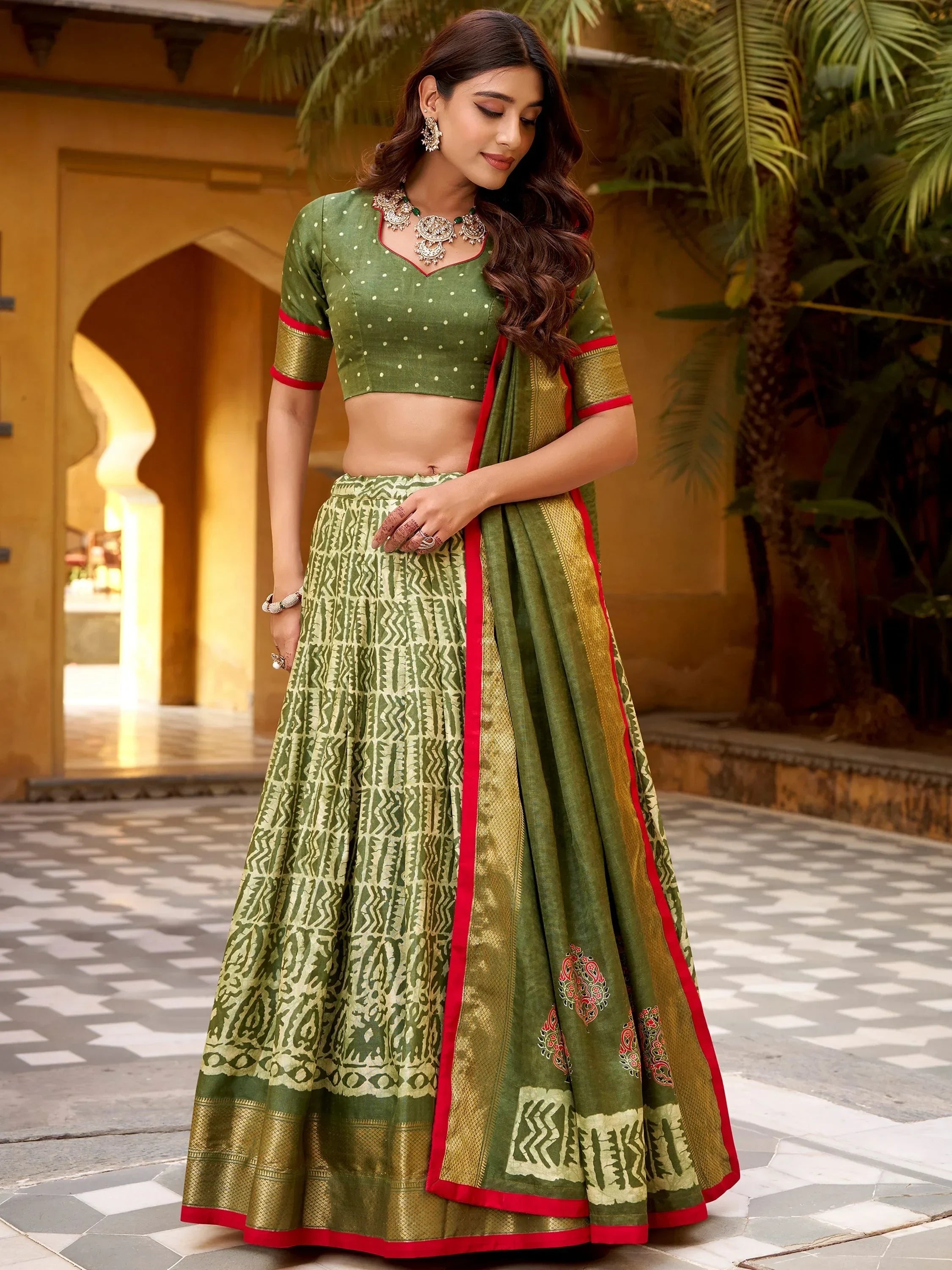 Green Enchanting Printed Dola Silk Function Wear Lehenga Choli