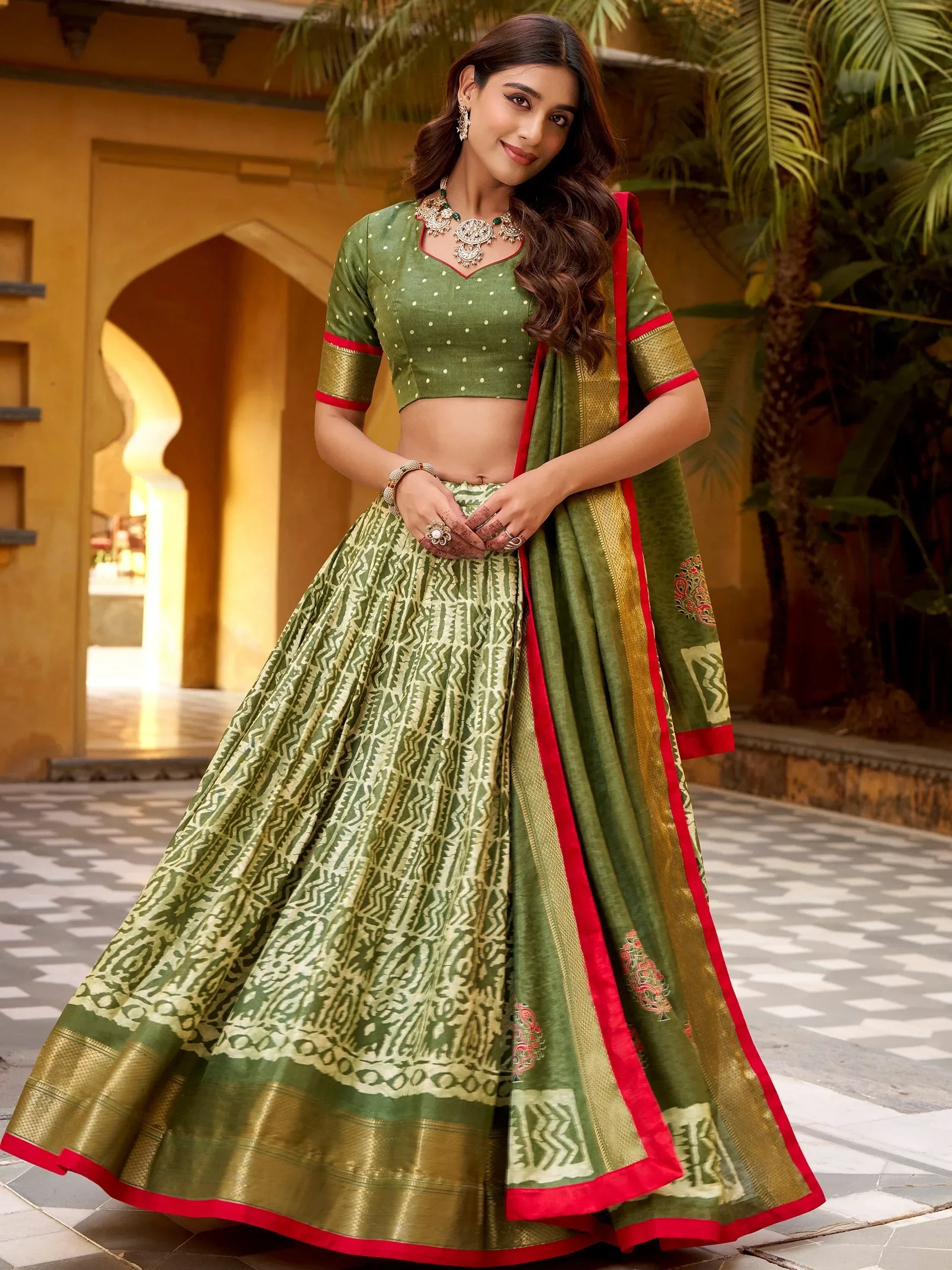Green Enchanting Printed Dola Silk Function Wear Lehenga Choli