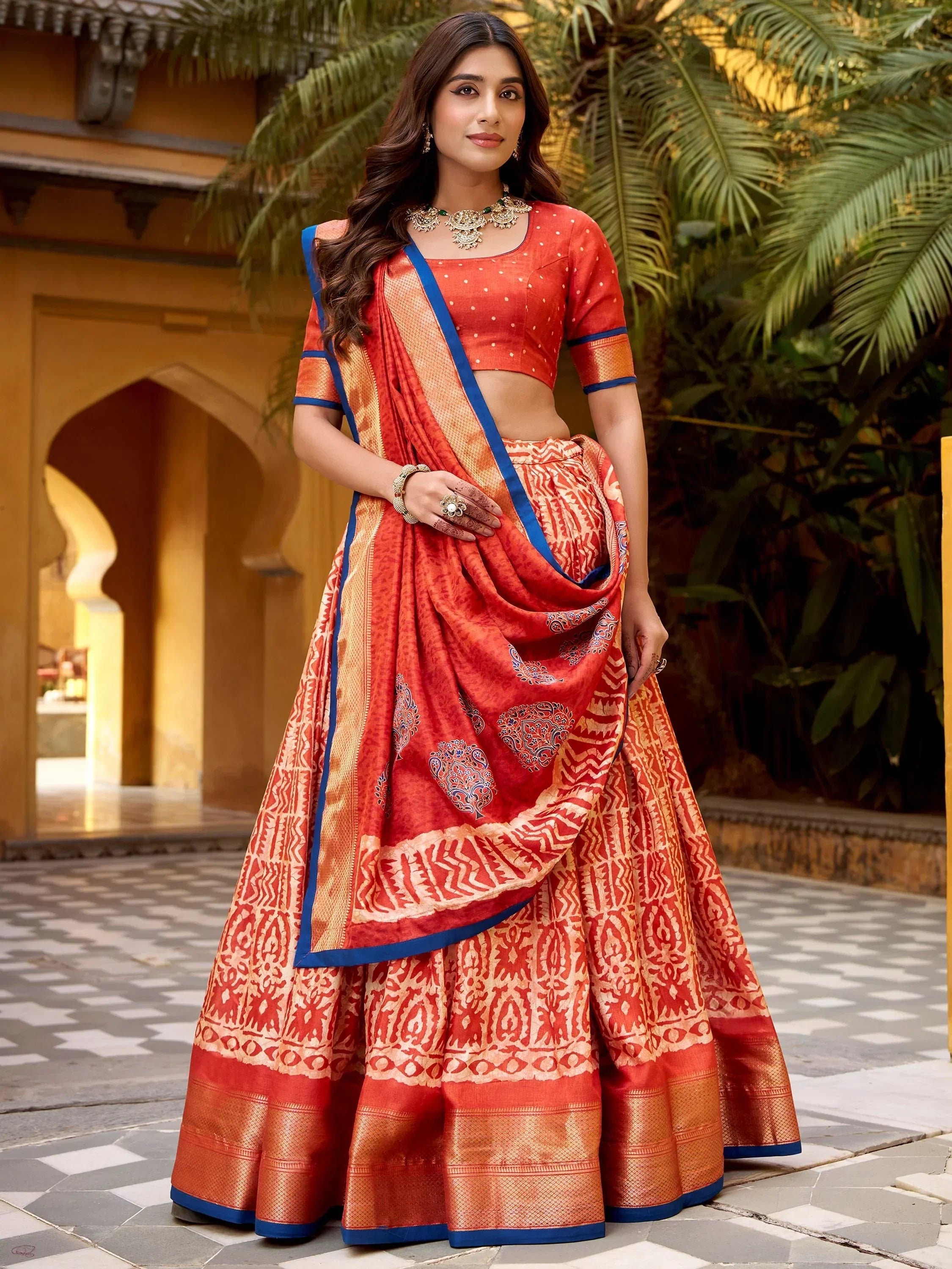 Orange Enchanting Printed Dola Silk Function Wear Lehenga Choli
