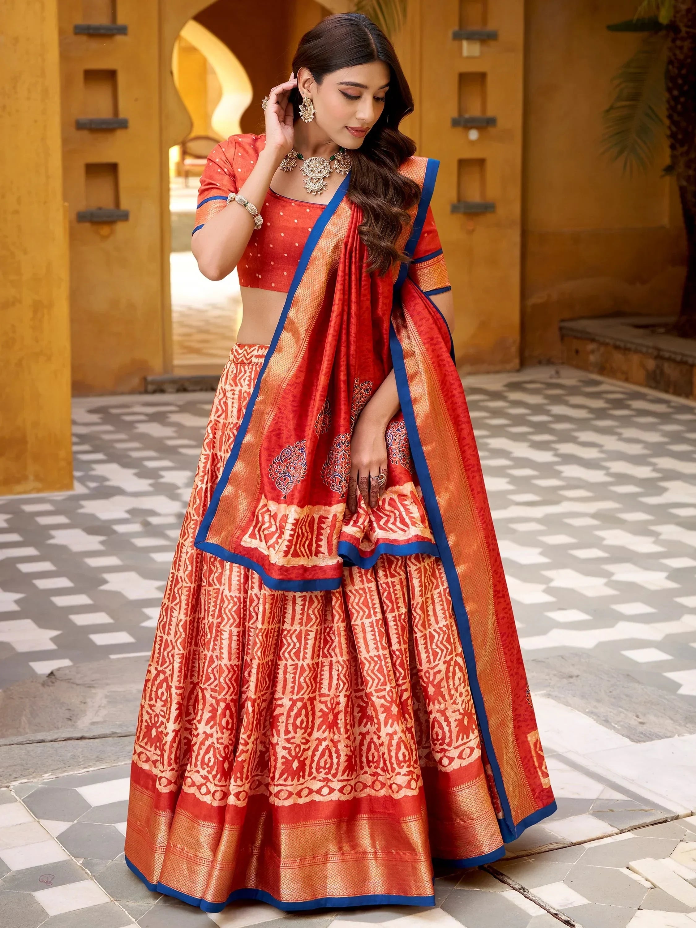 Orange Enchanting Printed Dola Silk Function Wear Lehenga Choli
