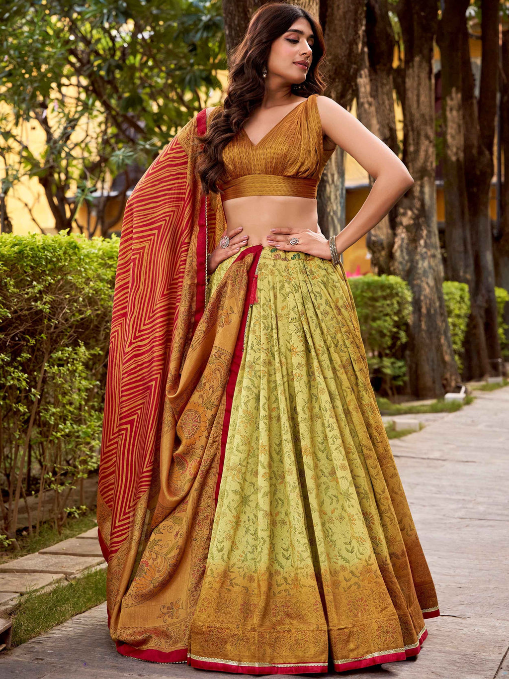 Green Attractive Digital Printed Silk Wedding Wear Lehenga Choli