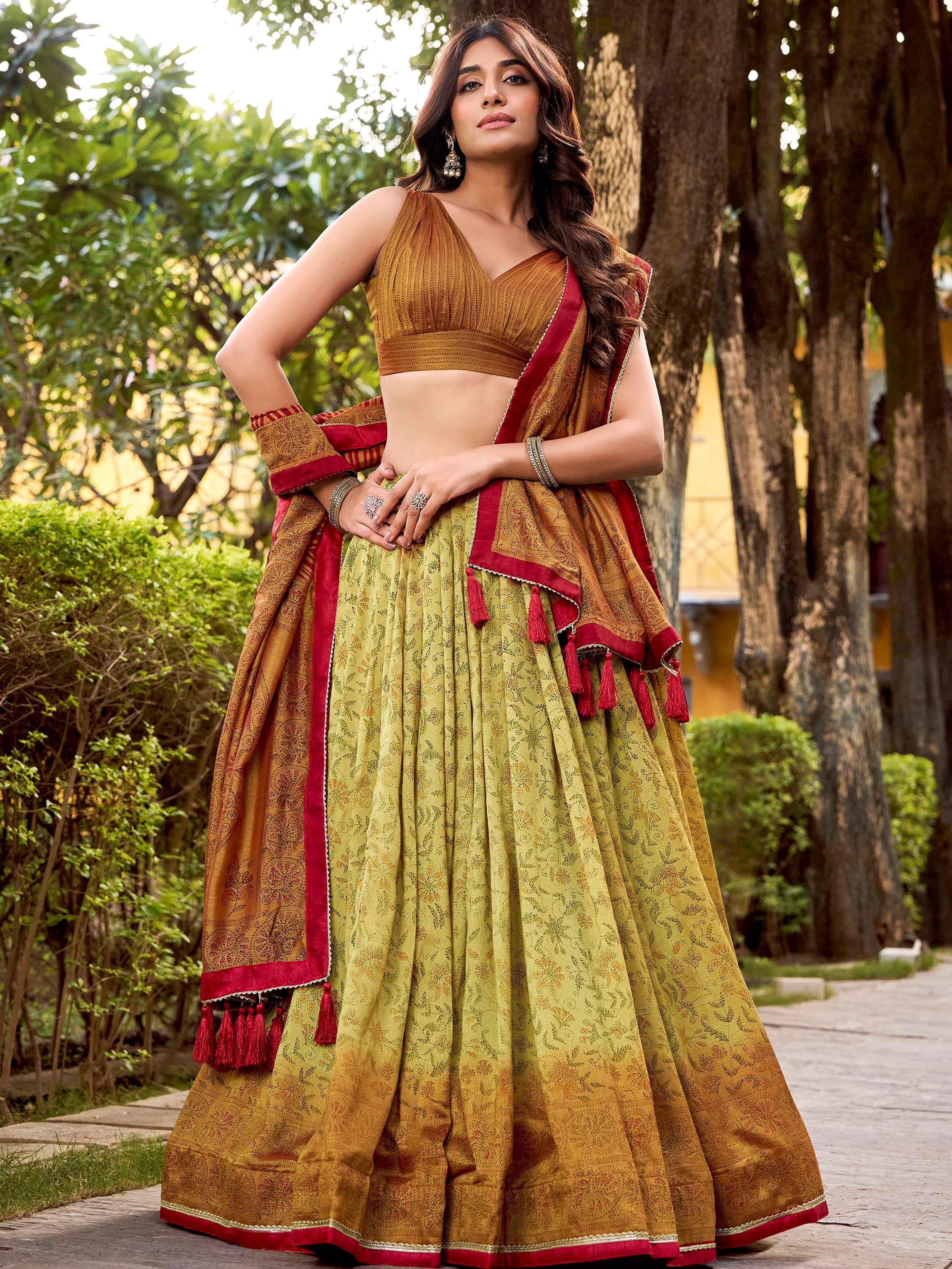 Green Attractive Digital Printed Silk Wedding Wear Lehenga Choli
