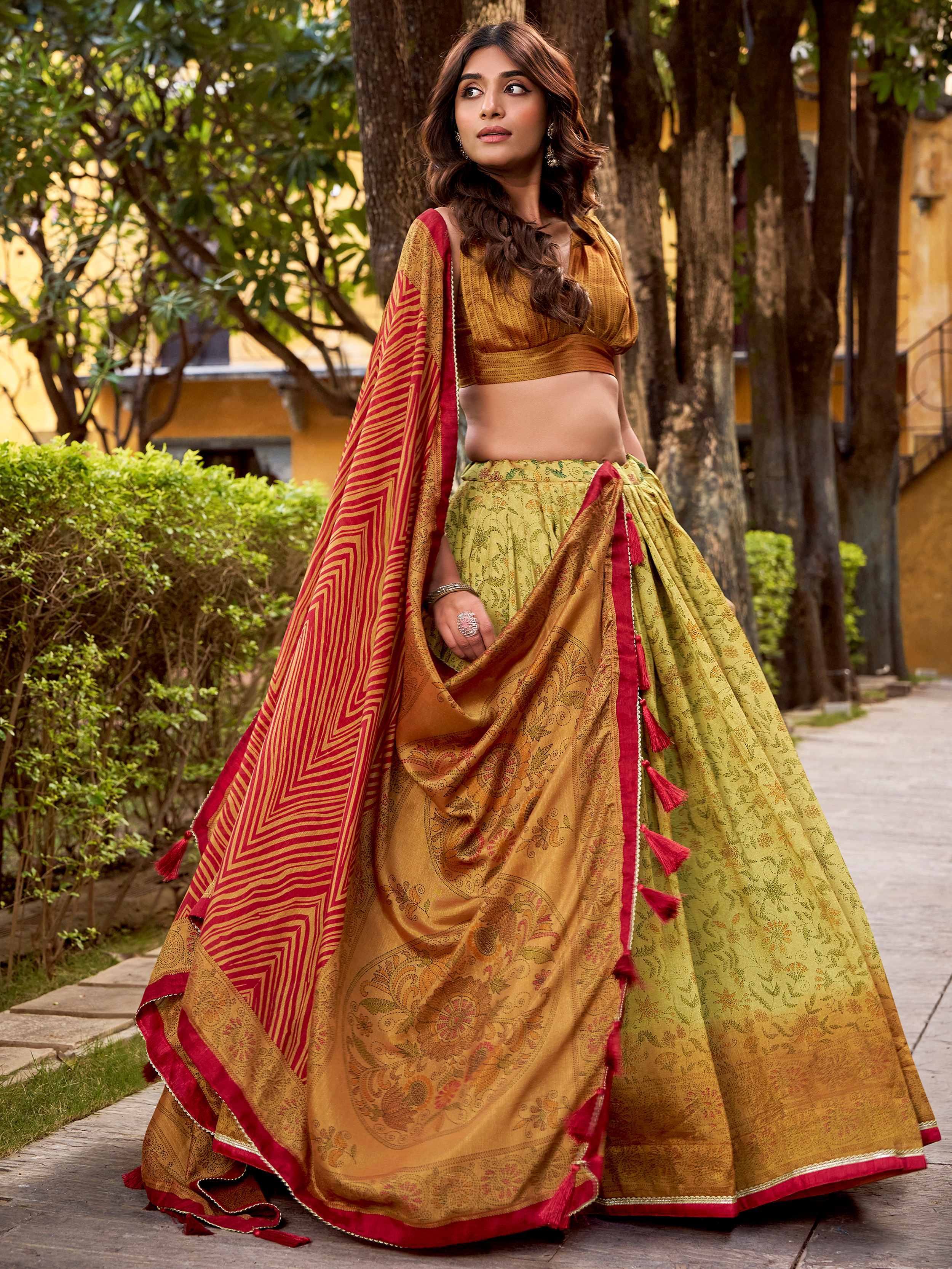 Green Attractive Digital Printed Silk Wedding Wear Lehenga Choli