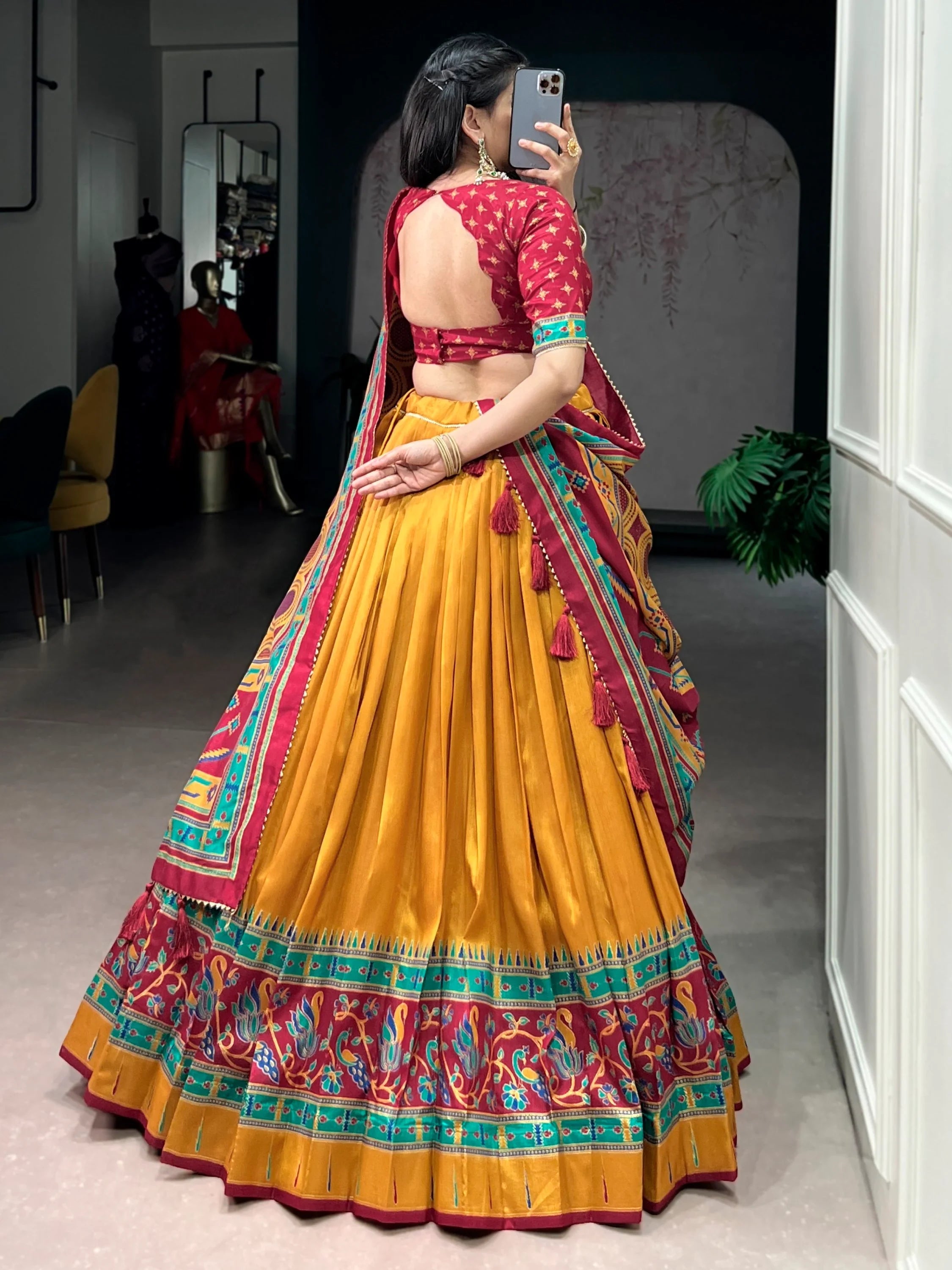 Mustard Majestic Printed Tussar Silk Event Wear Lehenga Choli