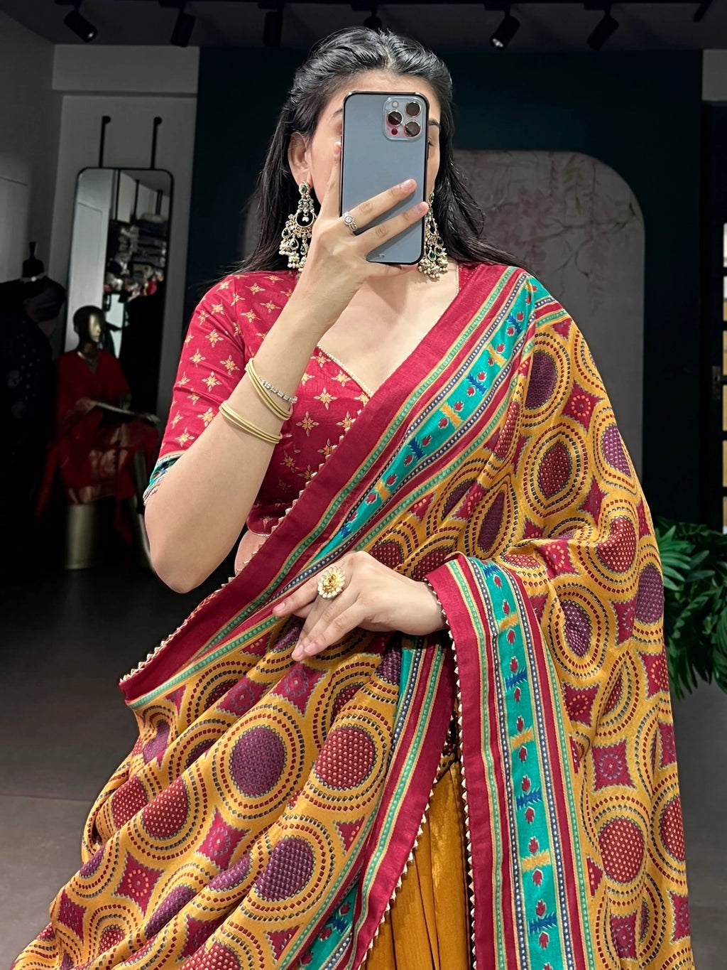 Mustard Majestic Printed Tussar Silk Event Wear Lehenga Choli