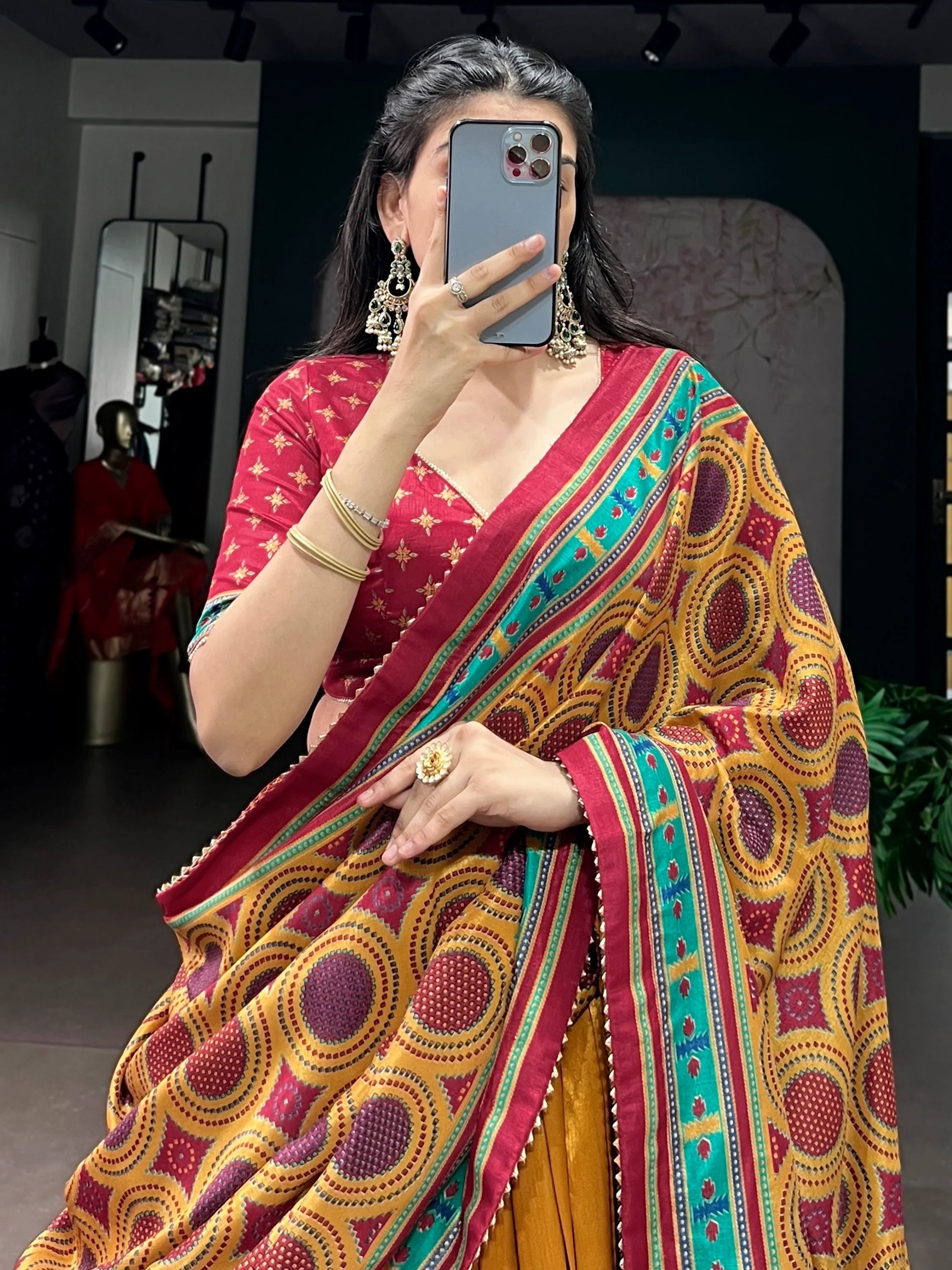 Mustard Majestic Printed Tussar Silk Event Wear Lehenga Choli