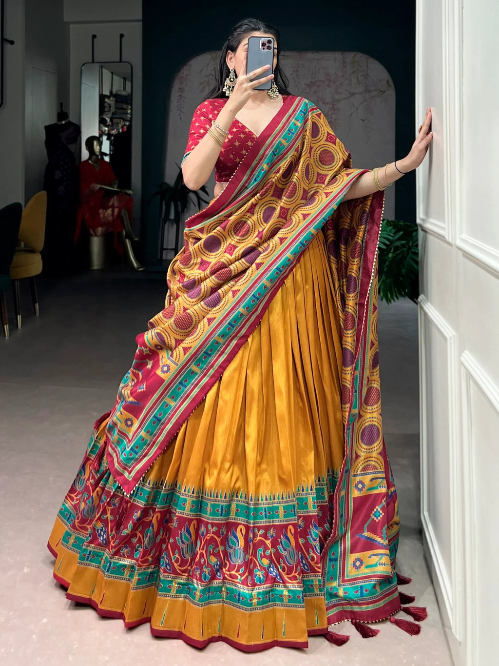 Mustard Majestic Printed Tussar Silk Event Wear Lehenga Choli